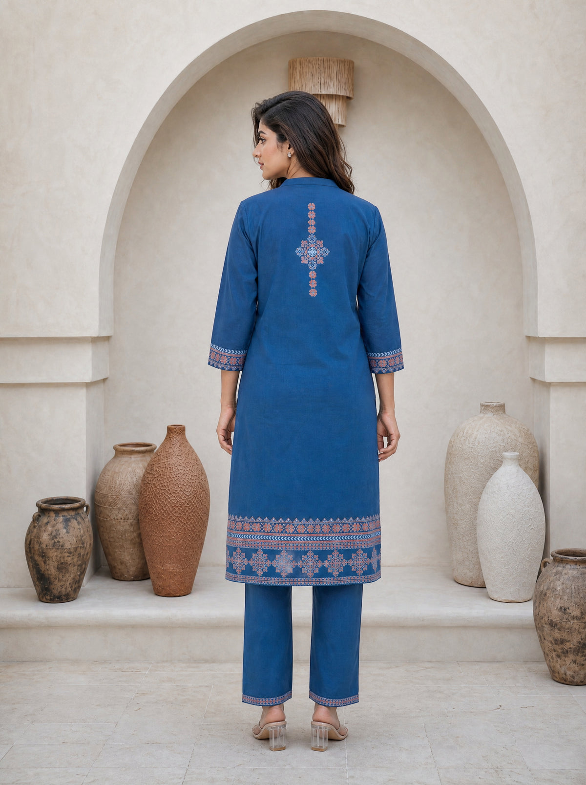 Navy Blue Cotton Cambric Straight Fit 2 Pcs Kurta Set with Panel Print