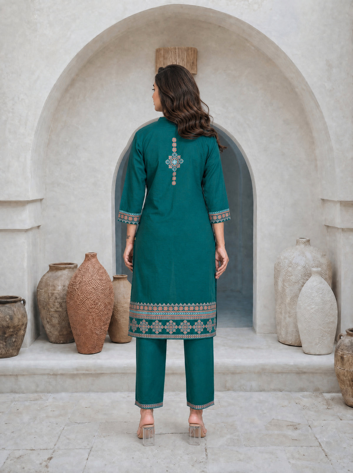 Posy Green Cotton Cambric Straight Fit 2 Pcs Kurta Set with Panel Print