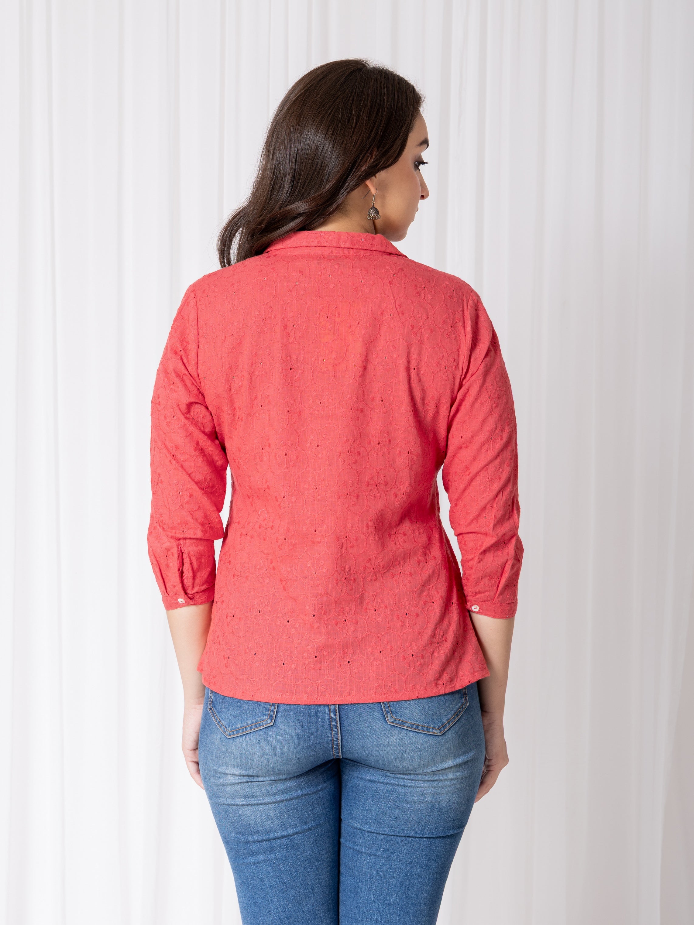 Georgia Peach Schiffli Cotton Slub Shirt Collar Comfort Fit Top N Tunic
