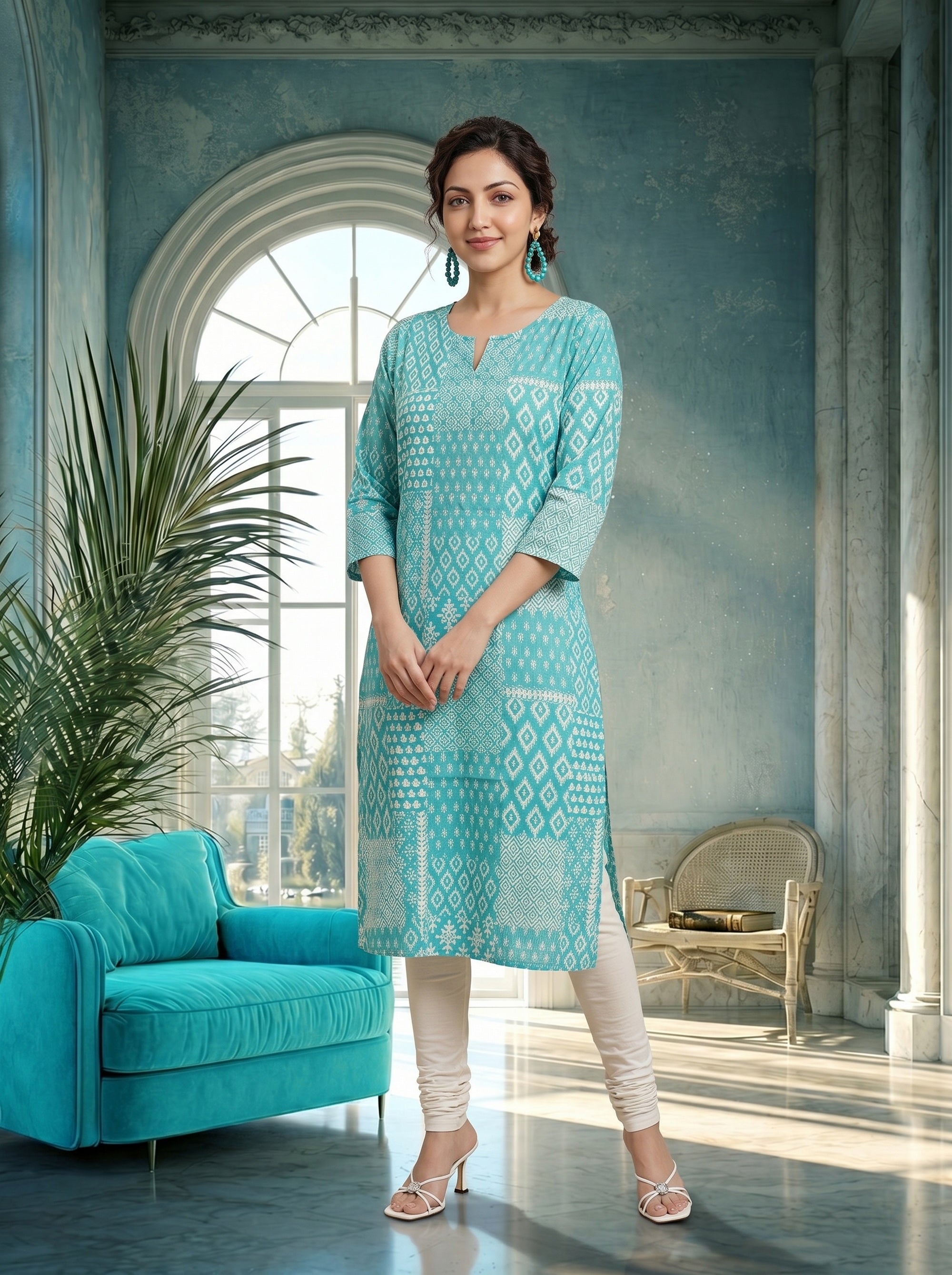 Turq Blue Knee Length Kurti in Rayon