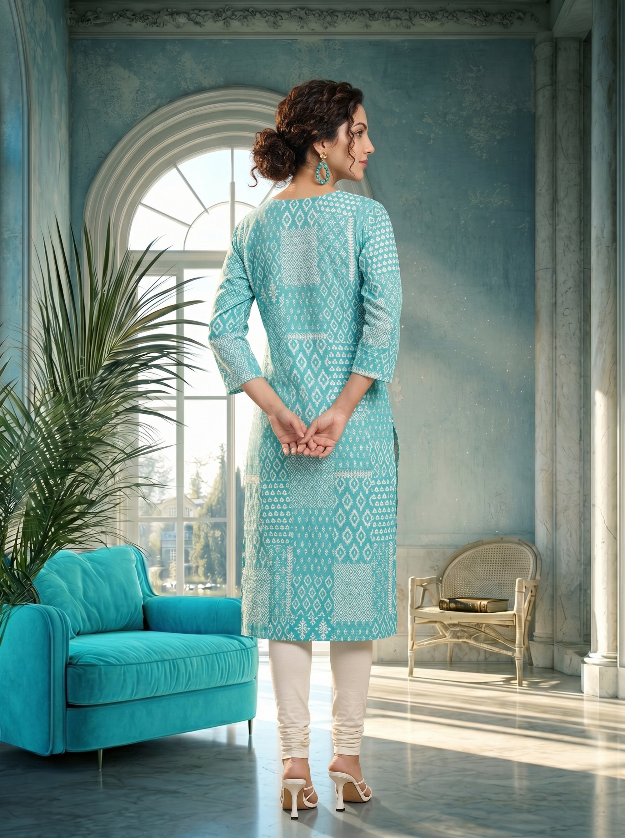 Turq Blue Knee Length Kurti in Rayon