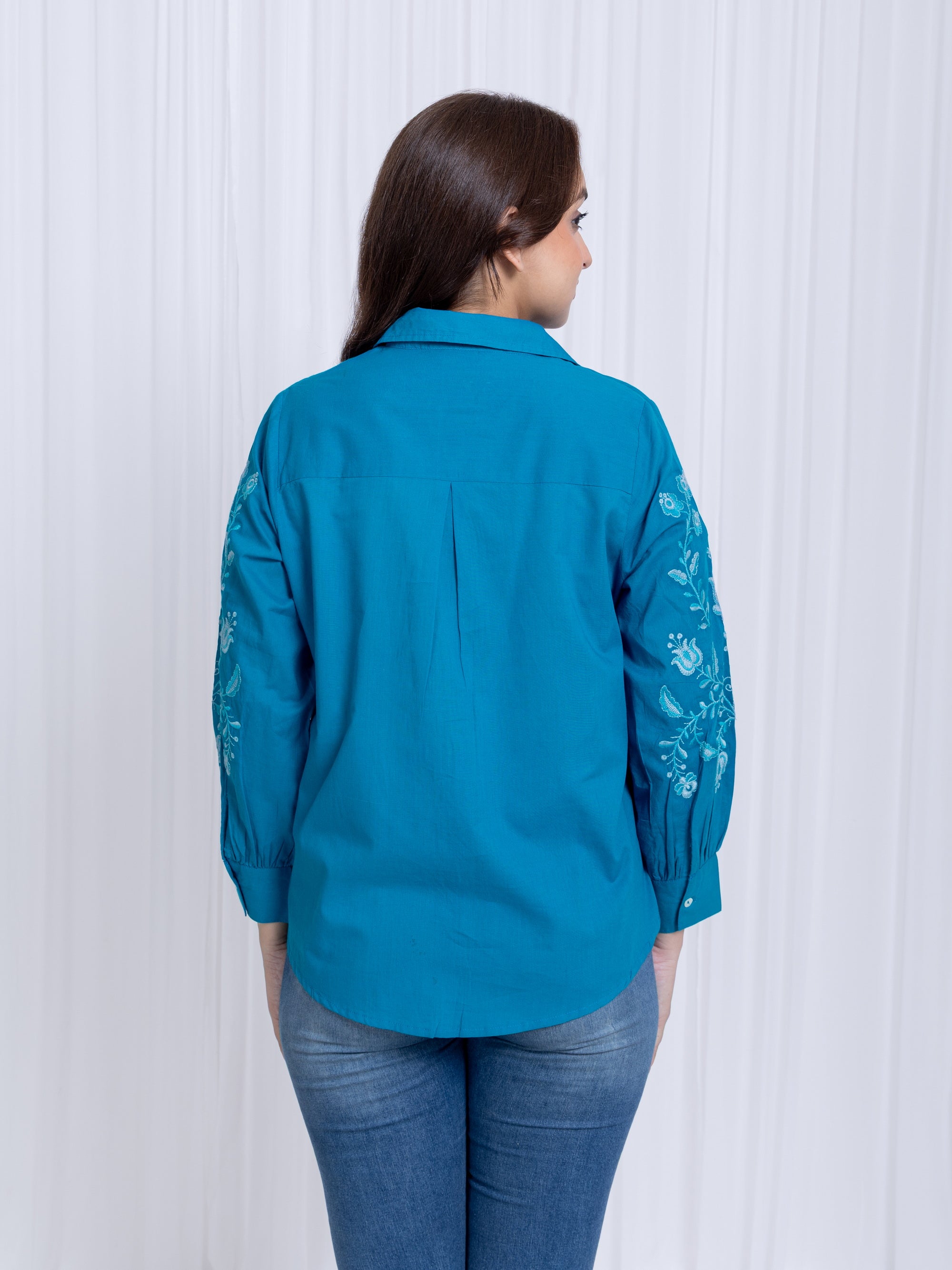 Bright Cobalt Embroidery 100% Cotton Shirt Collar Anti Fit Shirt Top