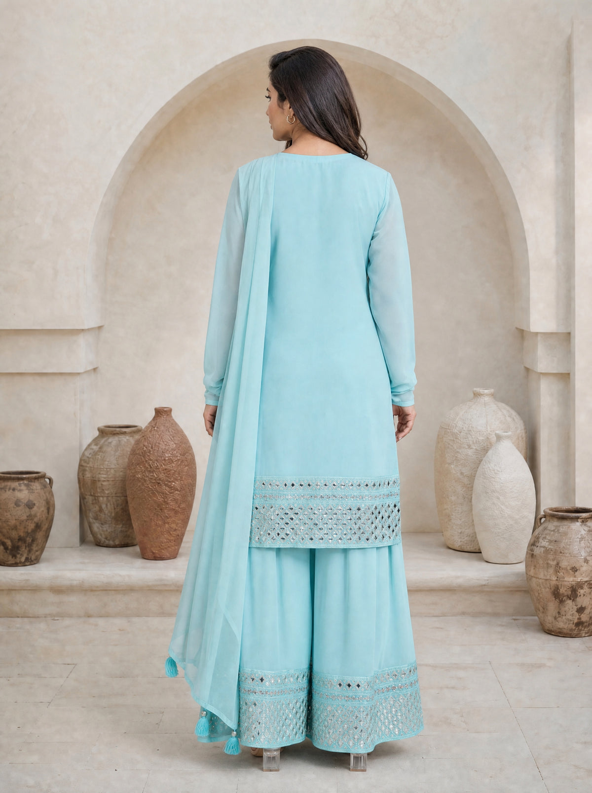 Angel Blue Georgette Flared 3 Pcs Kurta Sharara Set with Mirror Work Embroidery