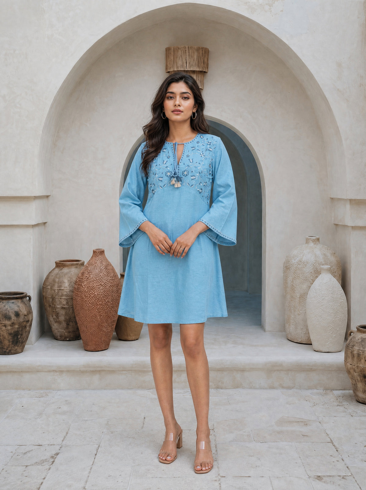 Angel Blue Rayon Modal Flared Naira Cut Embroidered Short Dress