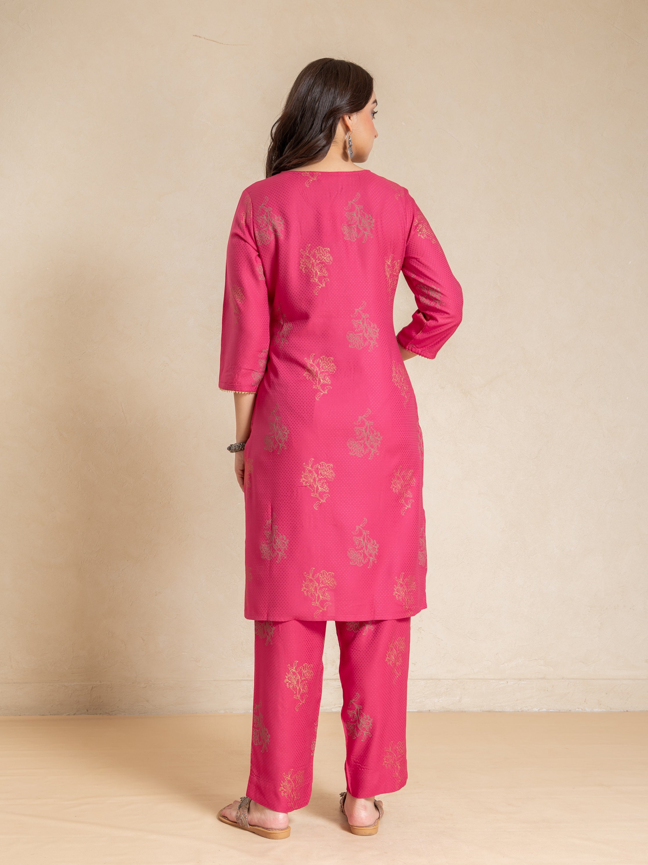 Bright Rose Golden Print Rayon V Neck Straight Fit 2 Pcs Kurta Set