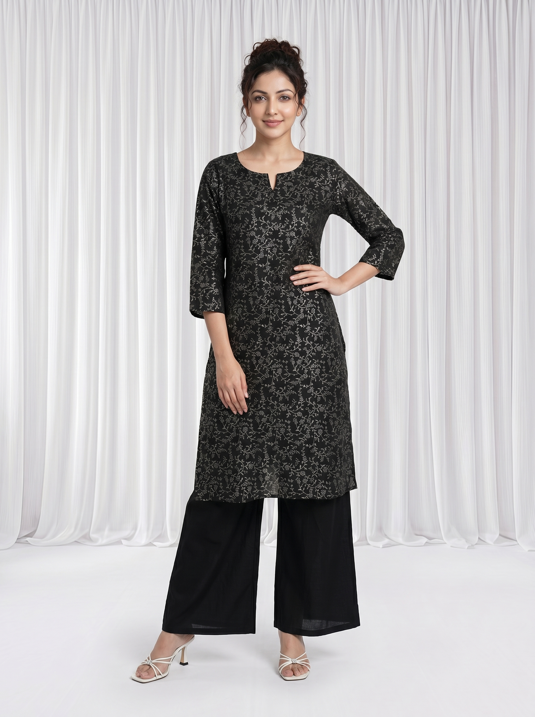 Black Teal Floral Print Chanderi V Neck Regular Knee Length Kurti