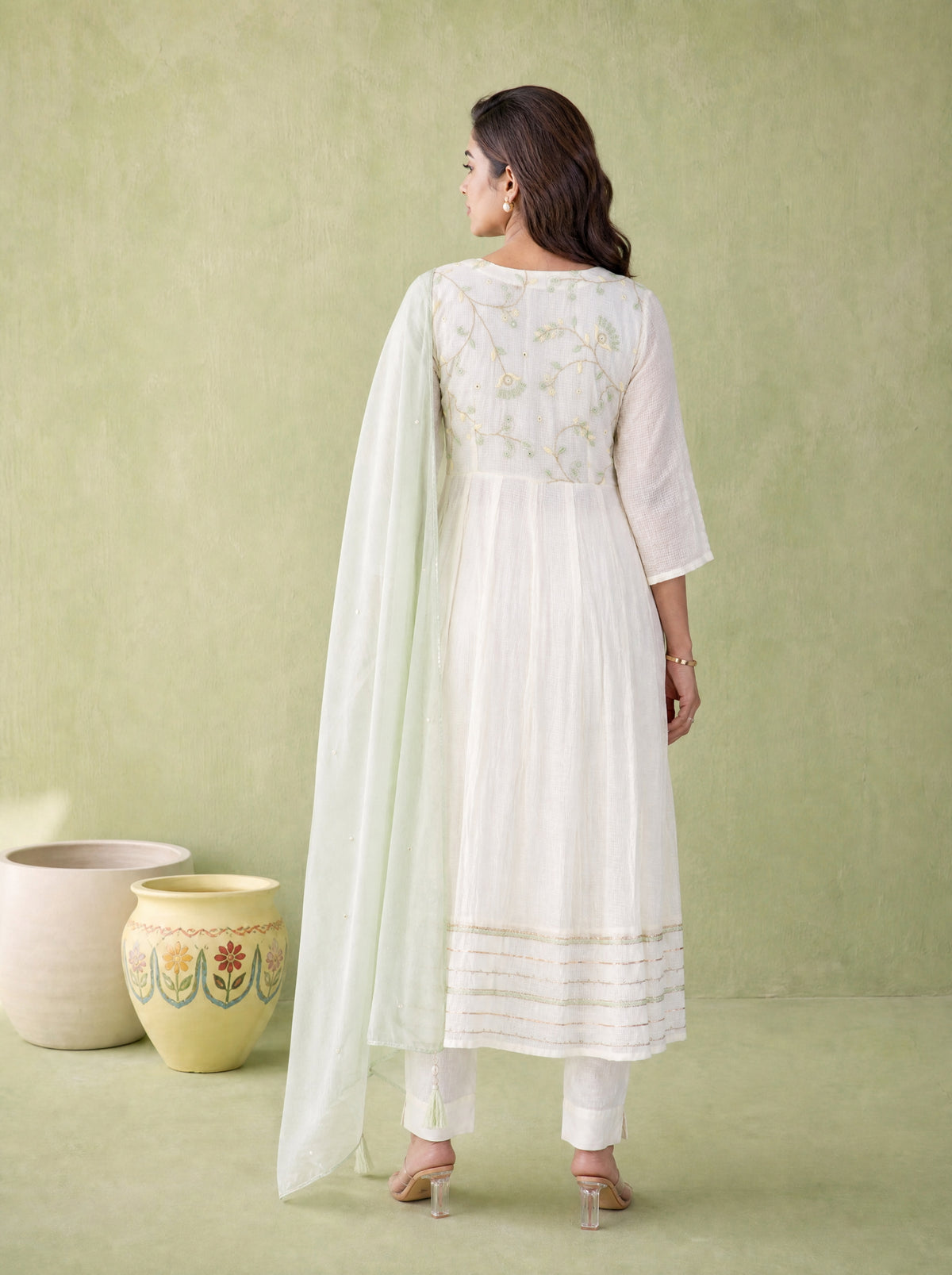 Vanilla Ice Cotton Dobby Flared Embroidered 3 Pcs Anarkali Kurta Set