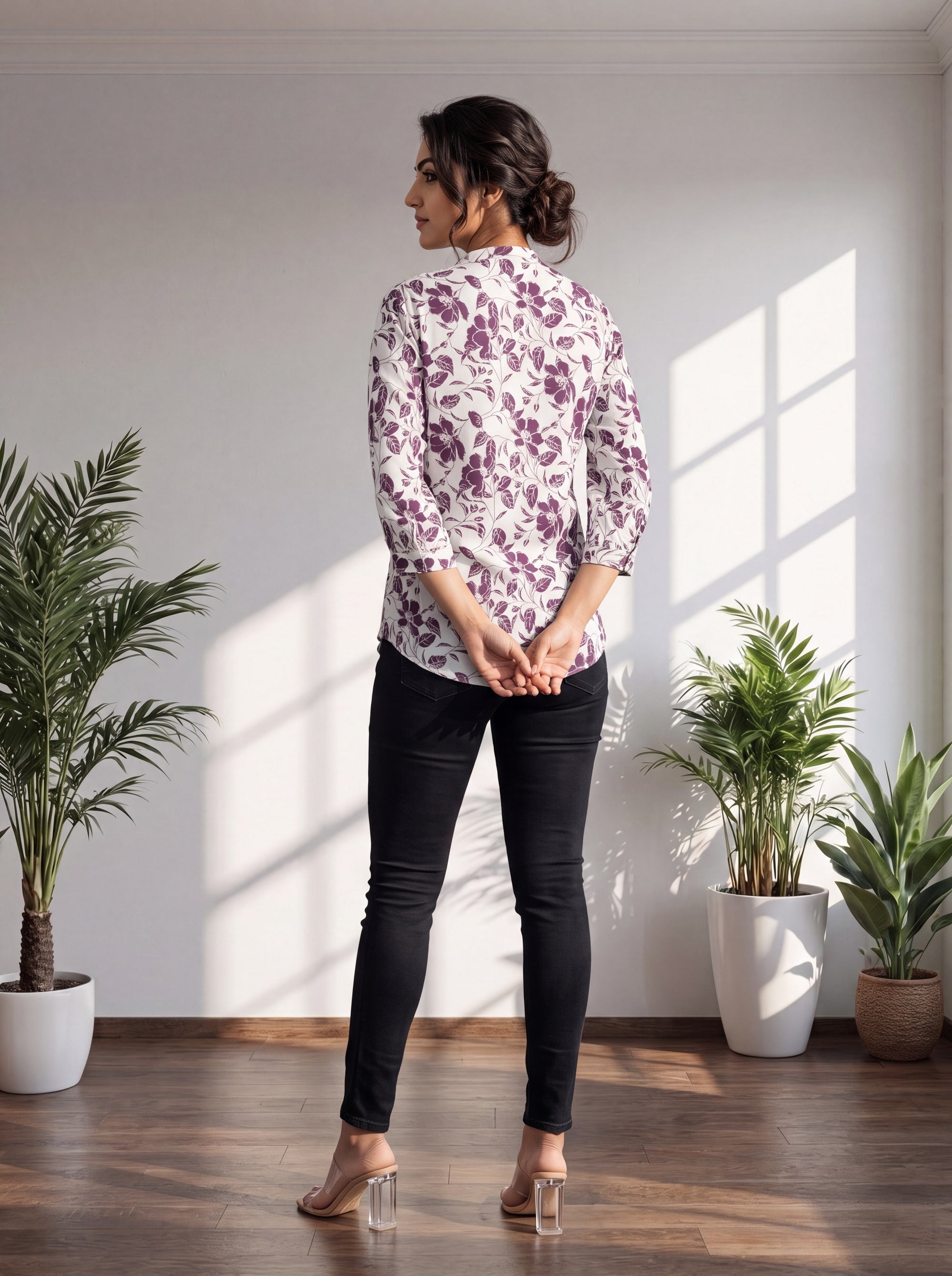 Dark Wine Floral Print Rayon V Neck Regular Shirt Top