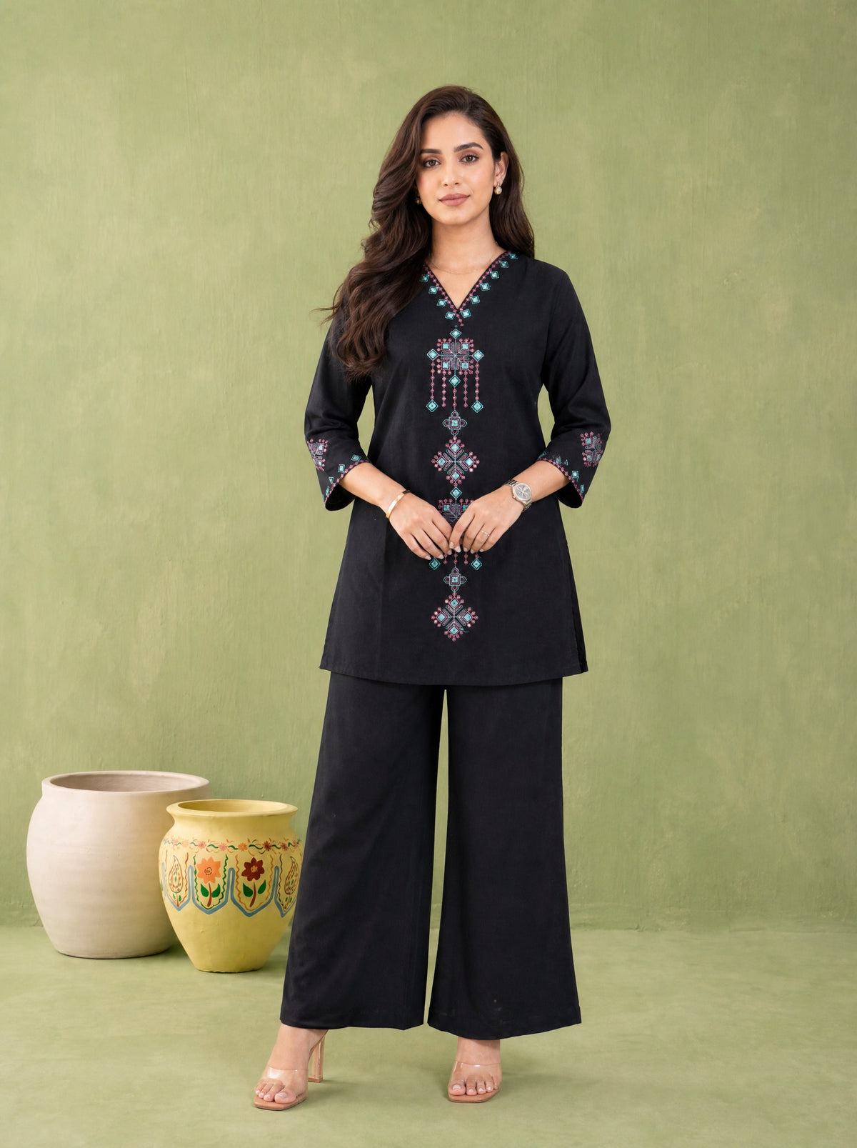 Natural and Black Rayon Linen Comfort Fit Embroidered 2 Pcs Co-ord Set
