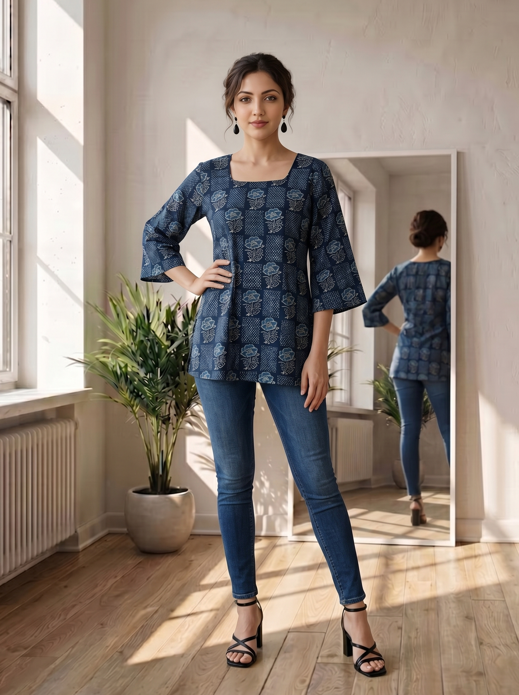 Midnight Blue Viscose Silk Square Straight Fit Short Kurti
