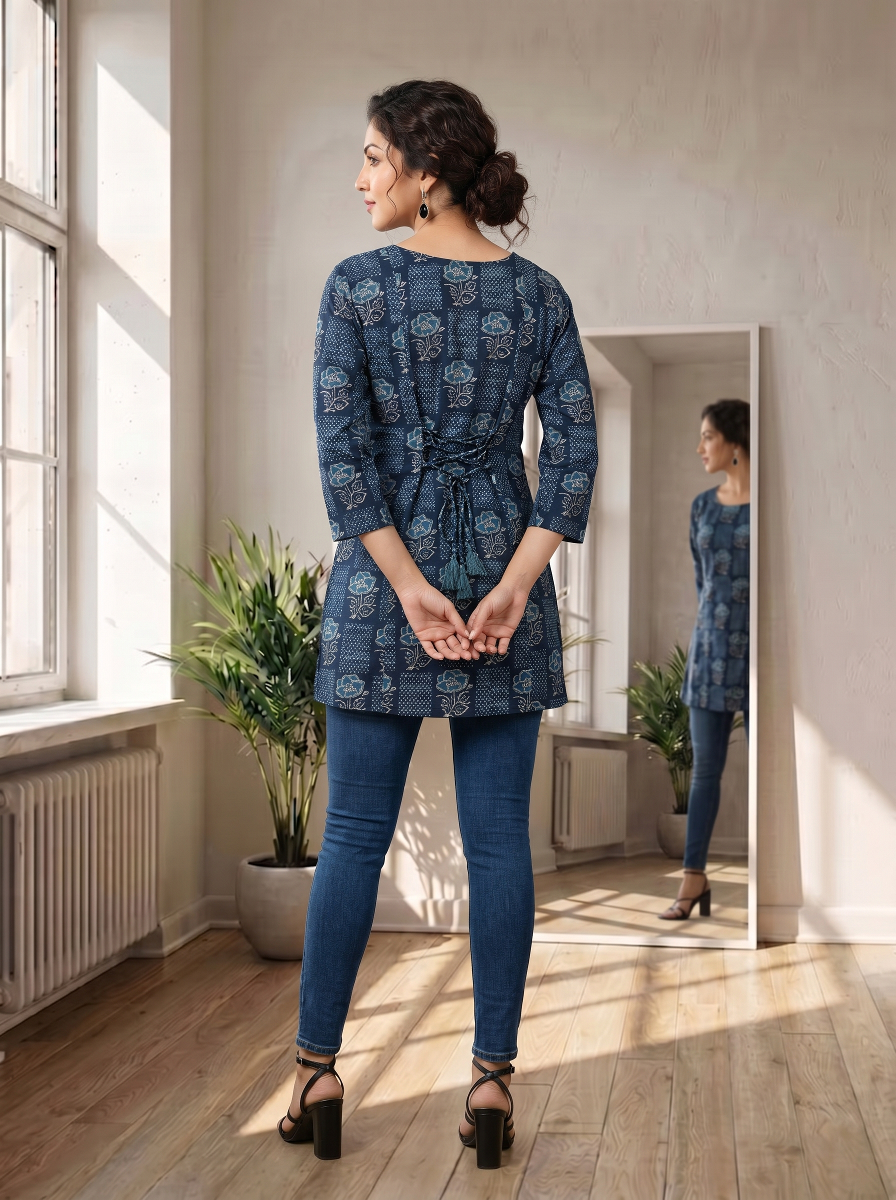 Midnight Blue Viscose Silk Square Straight Fit Short Kurti