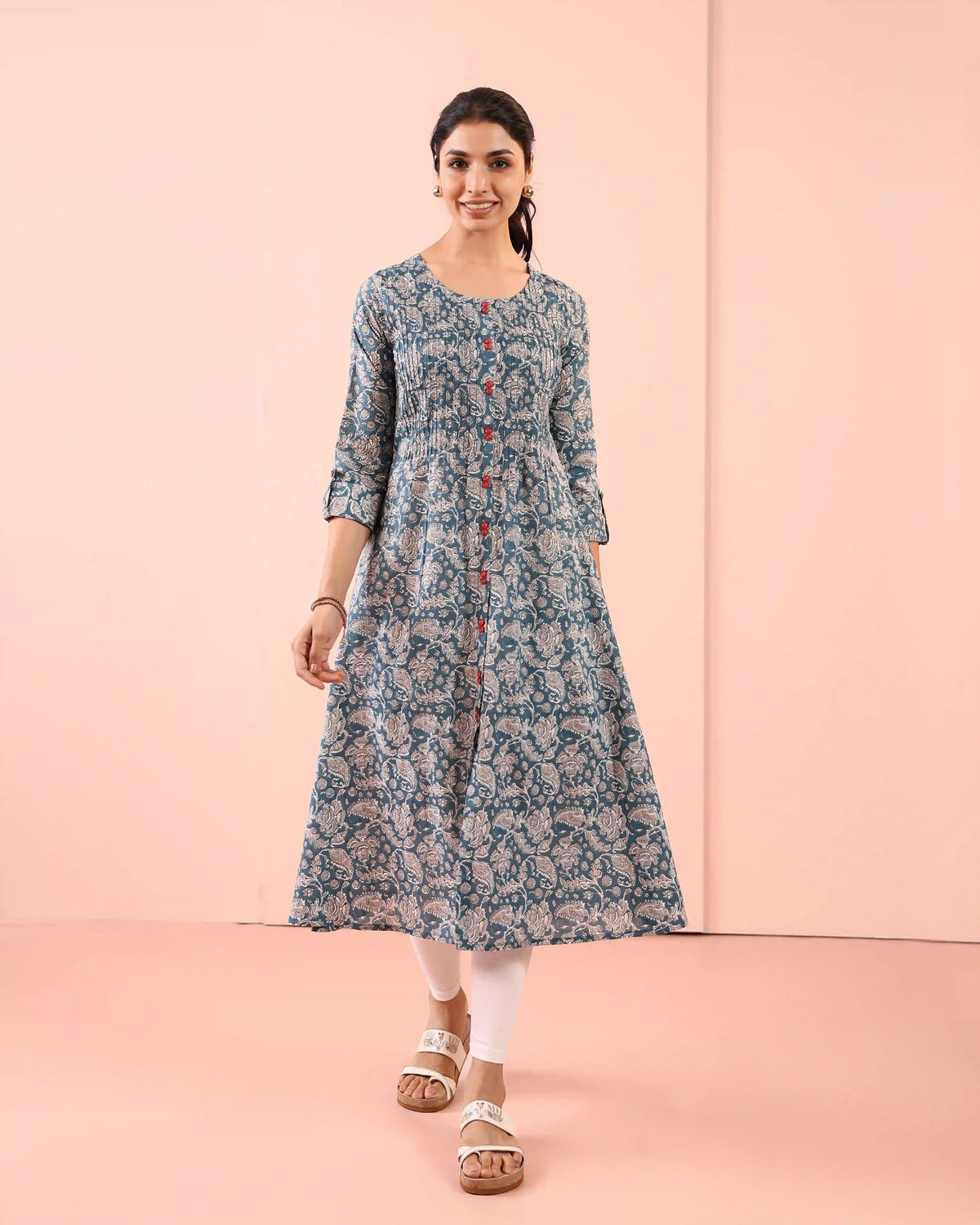 MUL COTTON PINTUCK DETAILED LONG ALINE KURTI