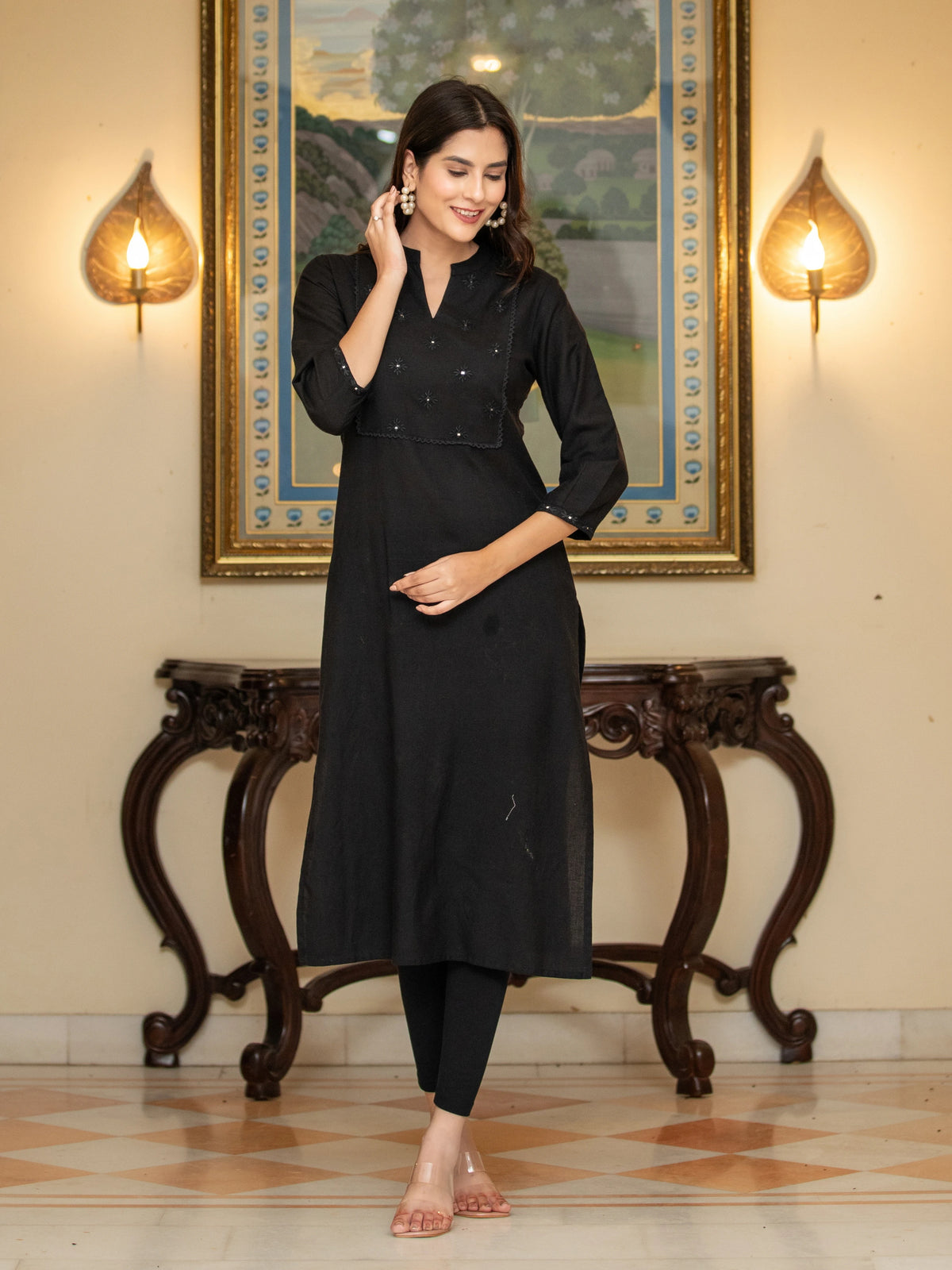 Lace & Mirror Embroidered Straight Kurti