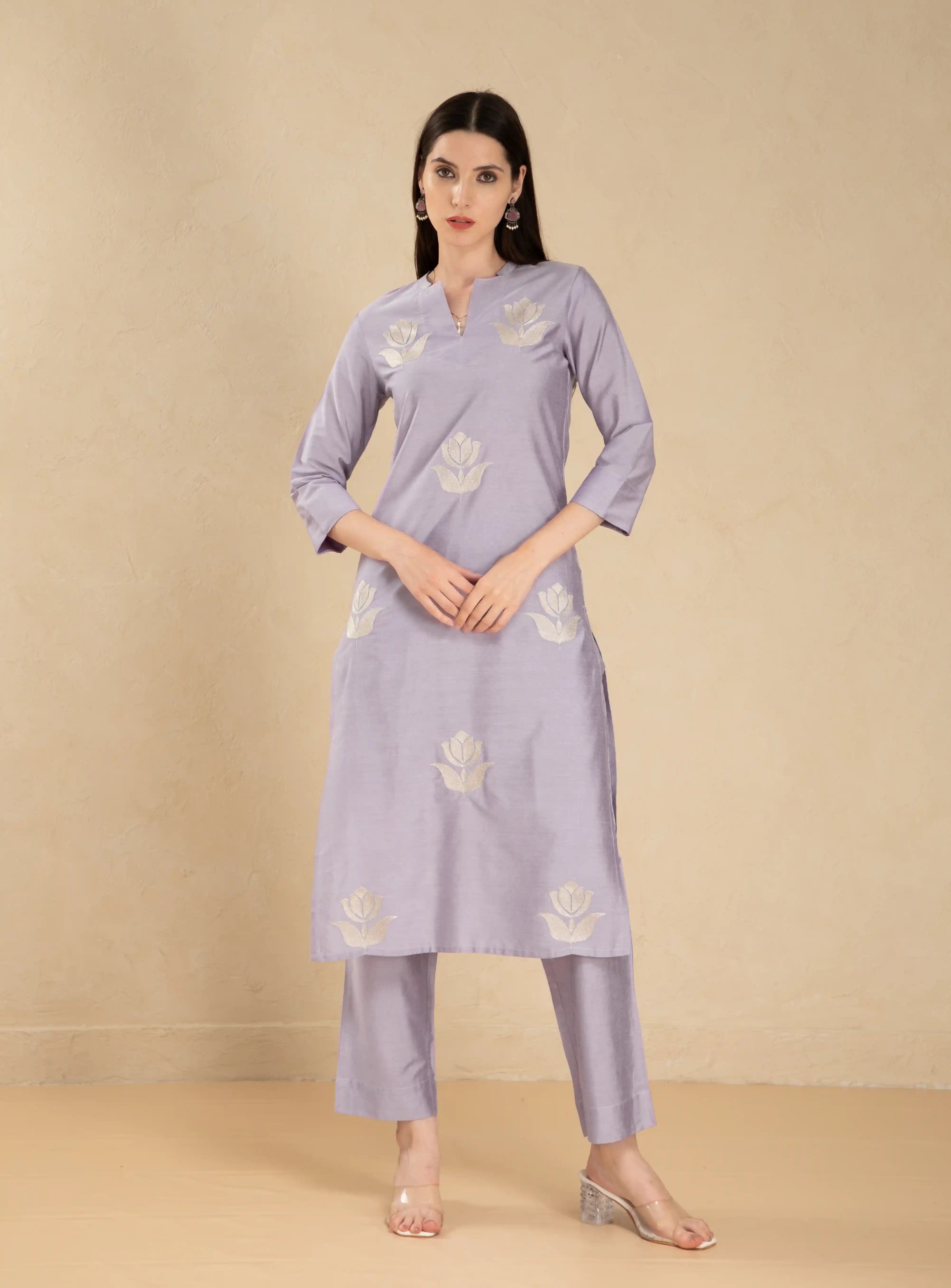Women Lavender silk-base-2pc-kurta-set-with-embroidery-details
