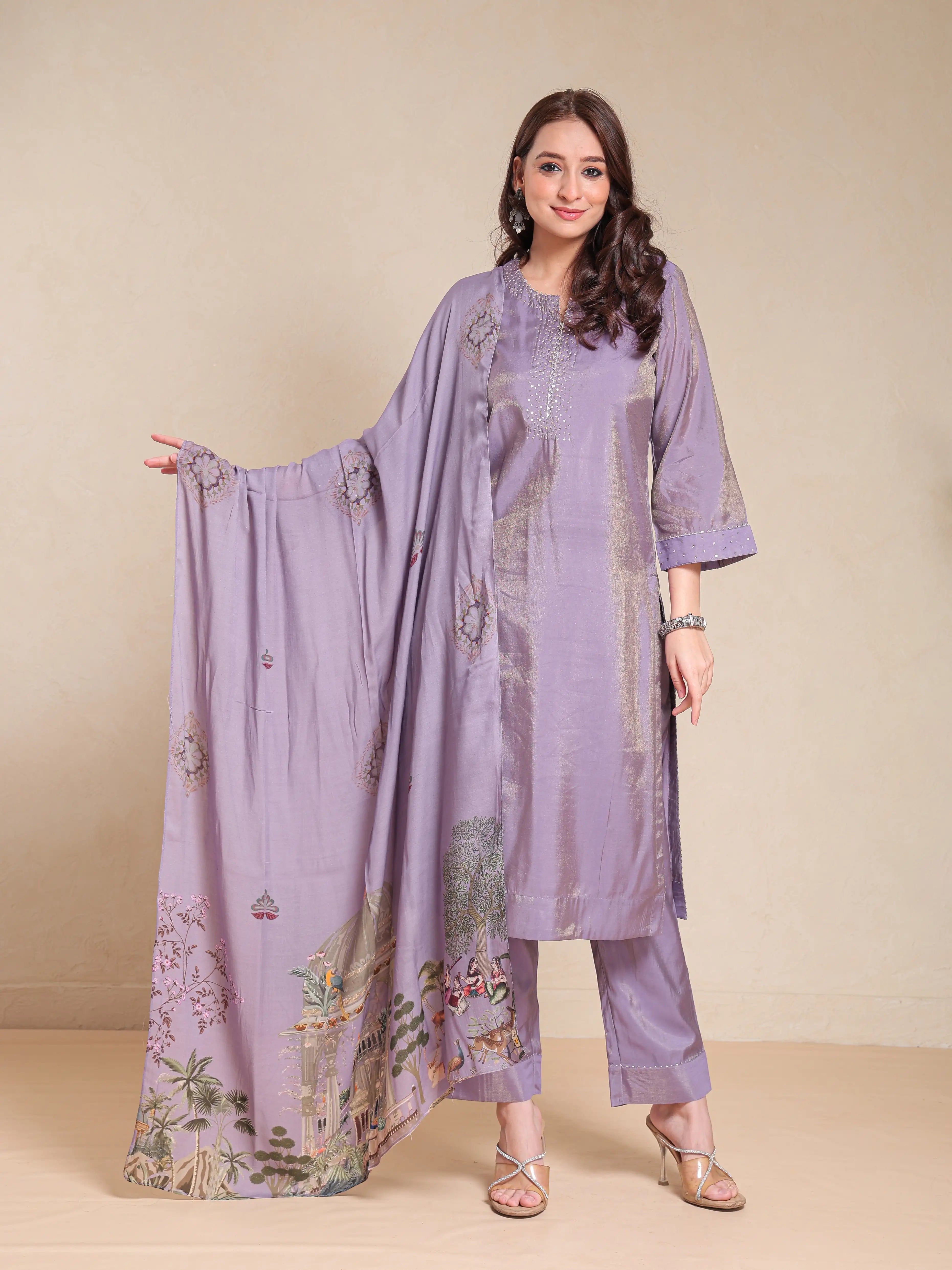 SHIMMER SILK 3PC KURTA SET WITH SEQUENCE WORK PAIRED WITH DIGITAL FLORAL PRINTED DUPATTA