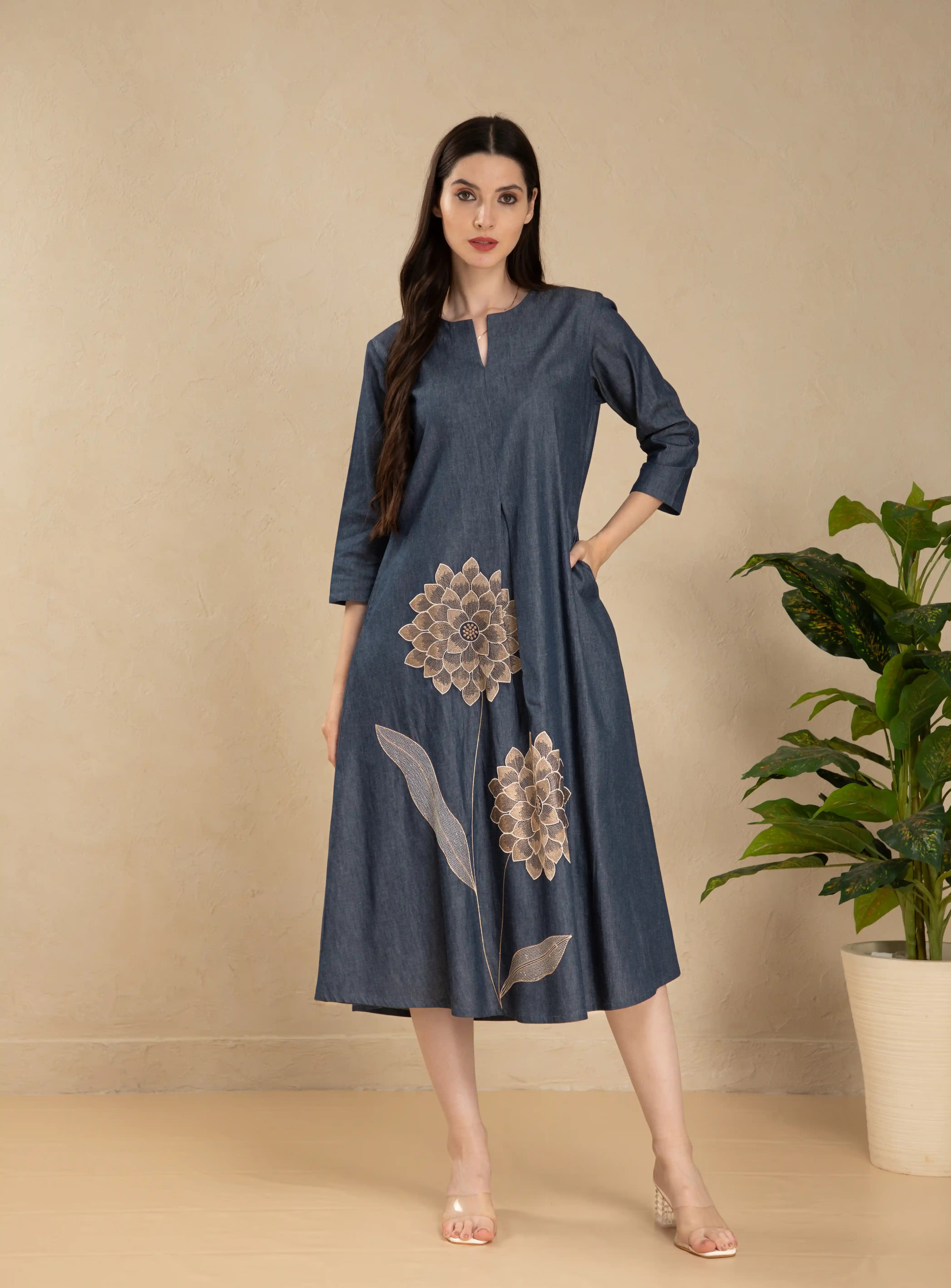 Women Blue denim flared long dress with placement embroidery