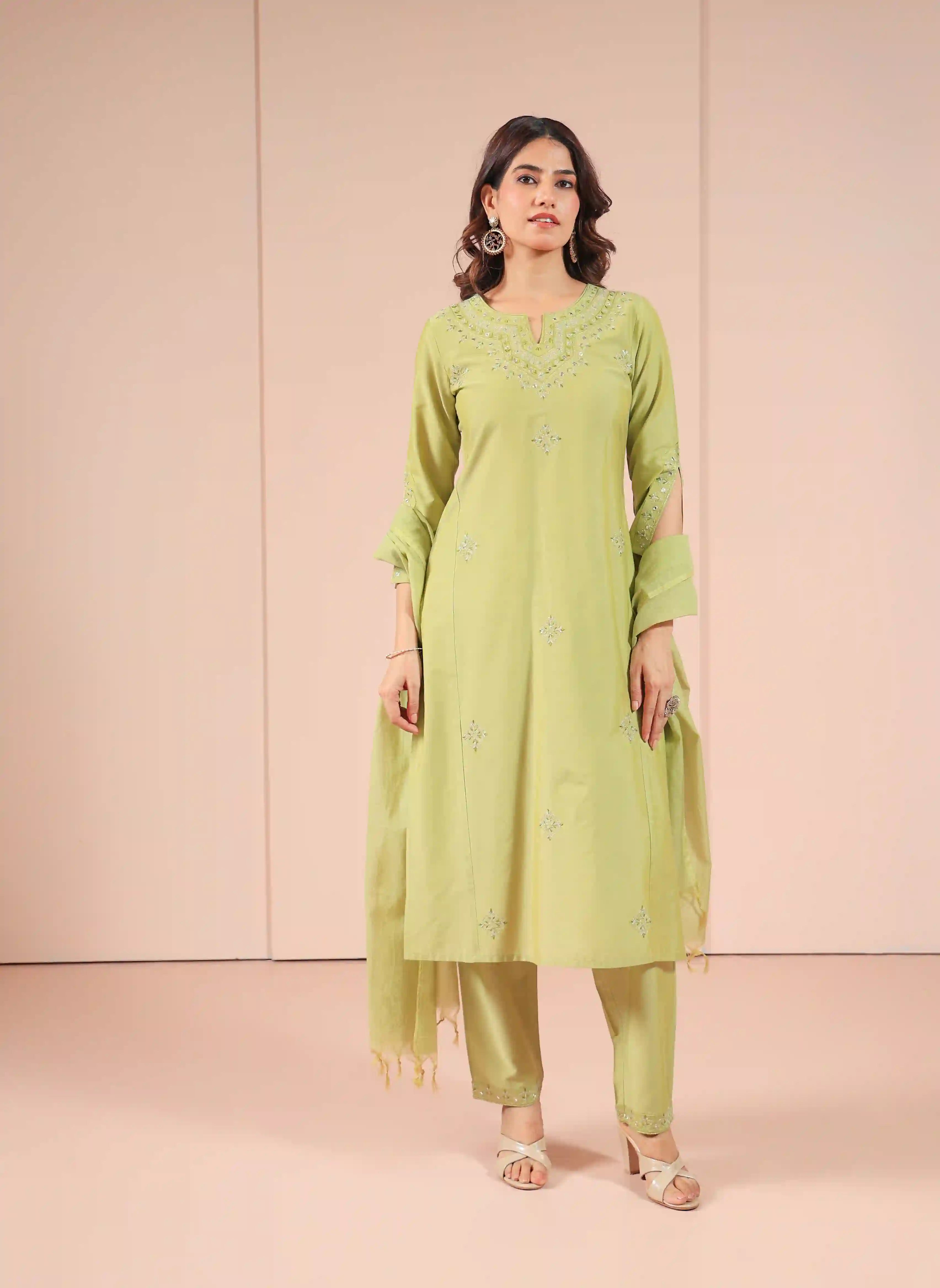Women Lavender silk-base-3pc-kalidar-set-with-mirror-embroidery-details