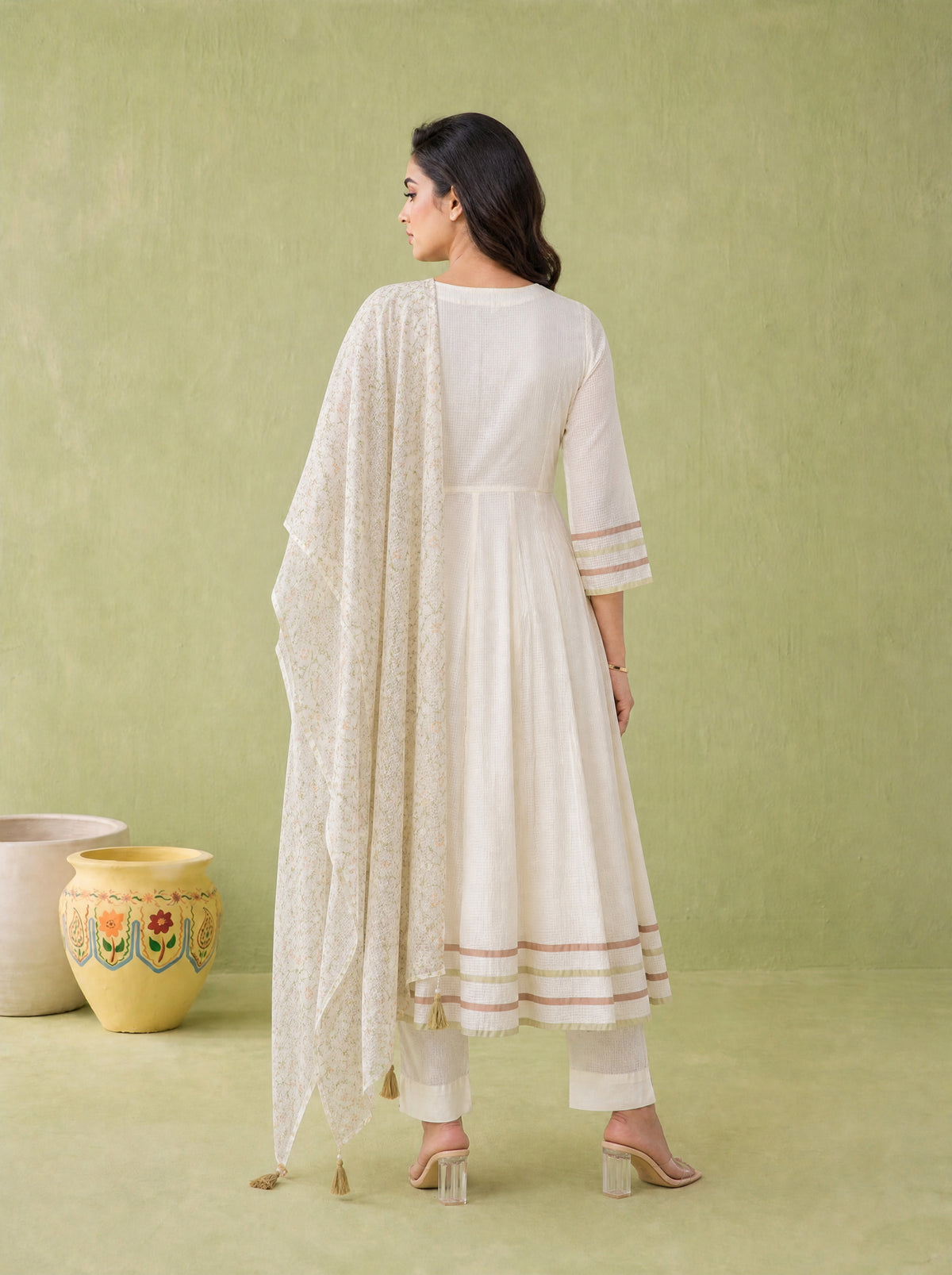 Off White Cotton Dobby Flared 3 Pcs Kurta Set with Jaal Embroidery