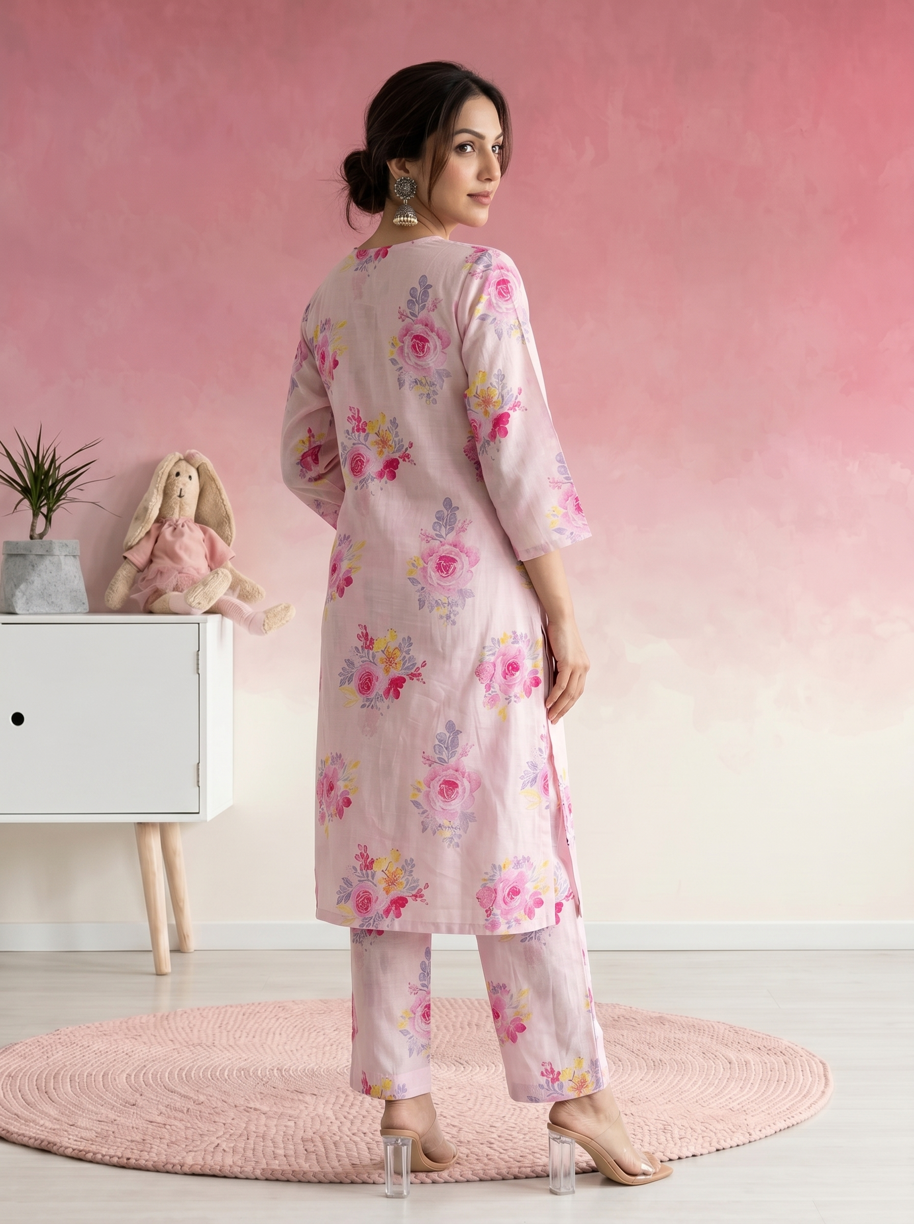 Light Pink Floral Print Chanderi V Neck Straight Fit 2 Pcs Kurta Set