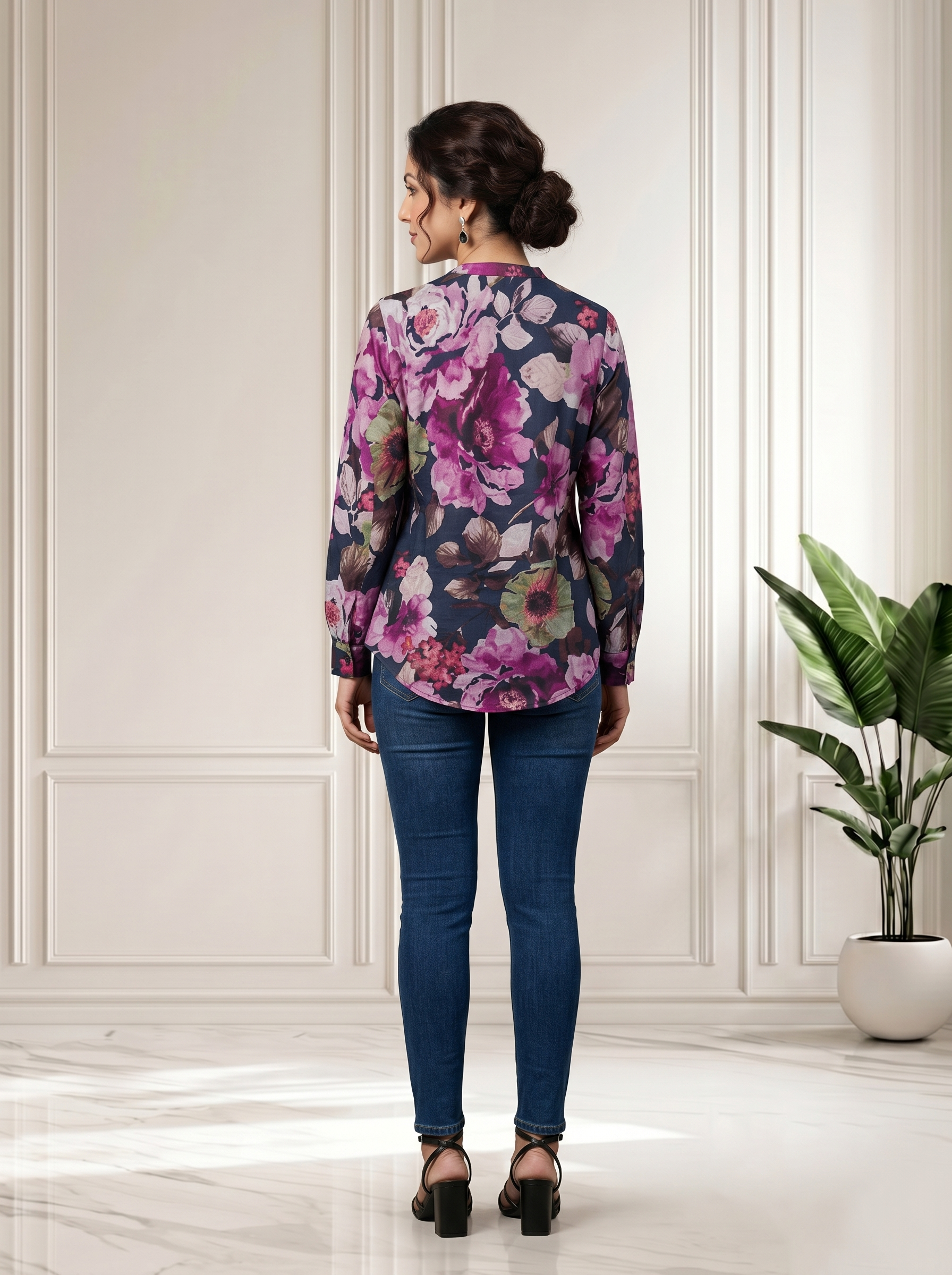 Navy Blue Digital Print Poly Chanderi Mandarine Collar Regular Shirt Top