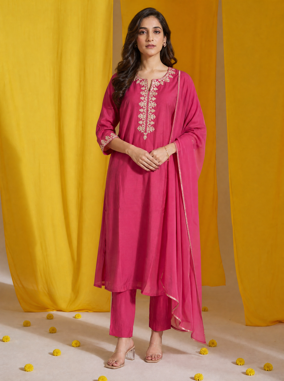 Raspberry Wine Straight Fit 3 Pcs Kurta Set with Dori Embroidery