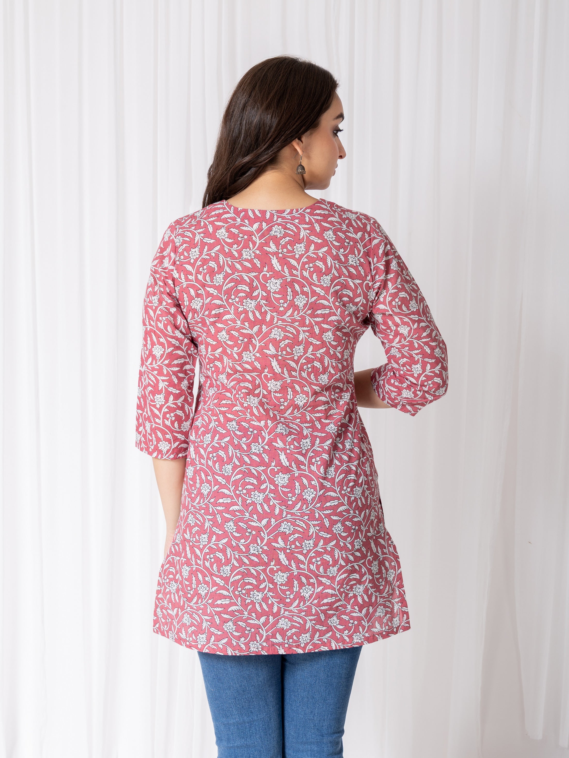 Brandied Apricot Sanganeri Print Mul Cotton Round Neck Straight Fit Short Kurti