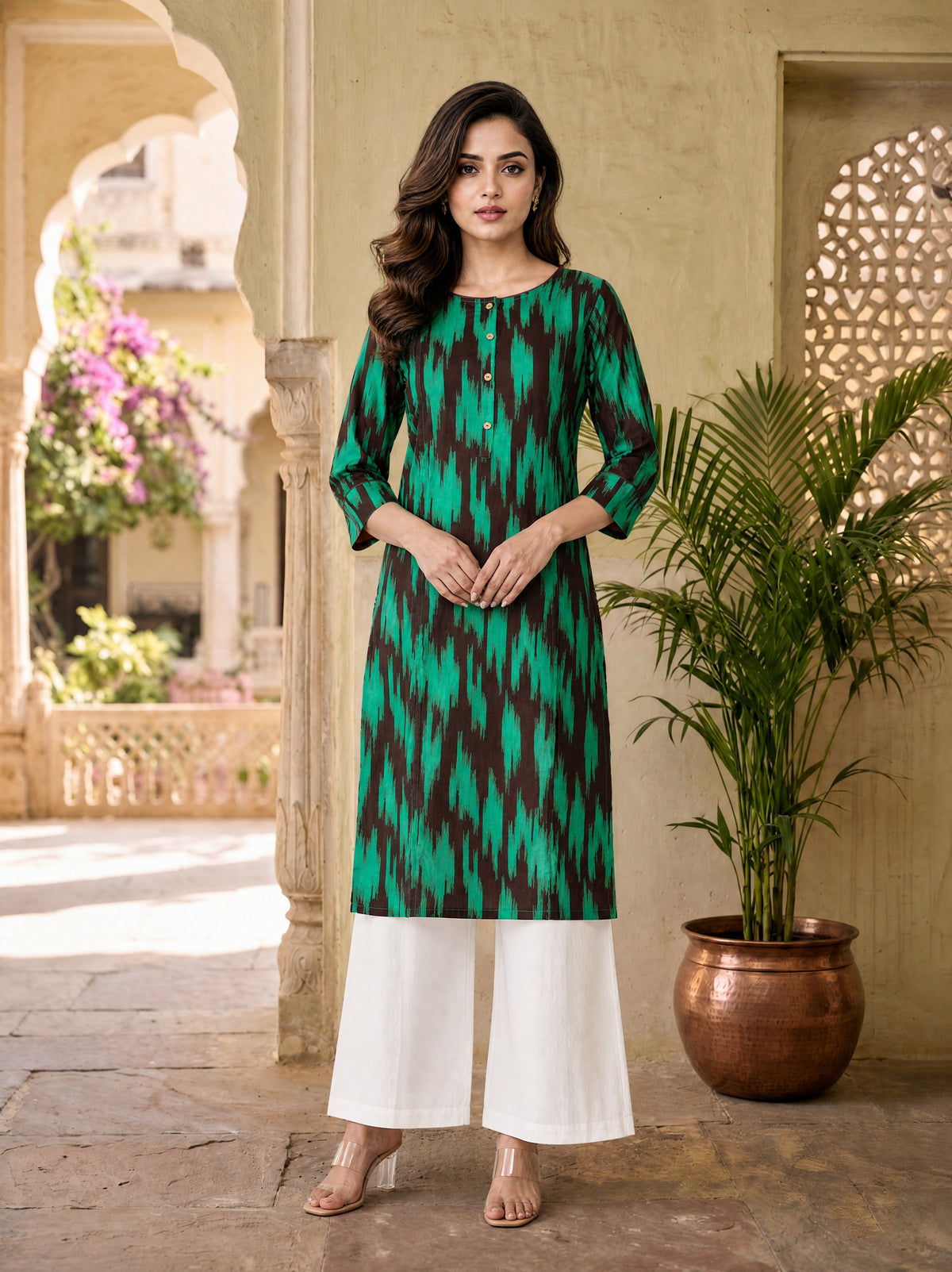 Fern Green Cotton Cambric Straight Fit Ikat Print Long Kurti