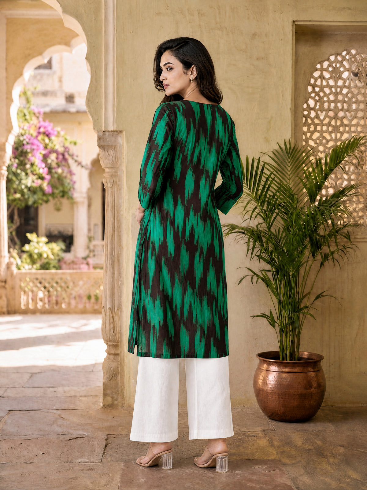 Fern Green Cotton Cambric Straight Fit Ikat Print Long Kurti