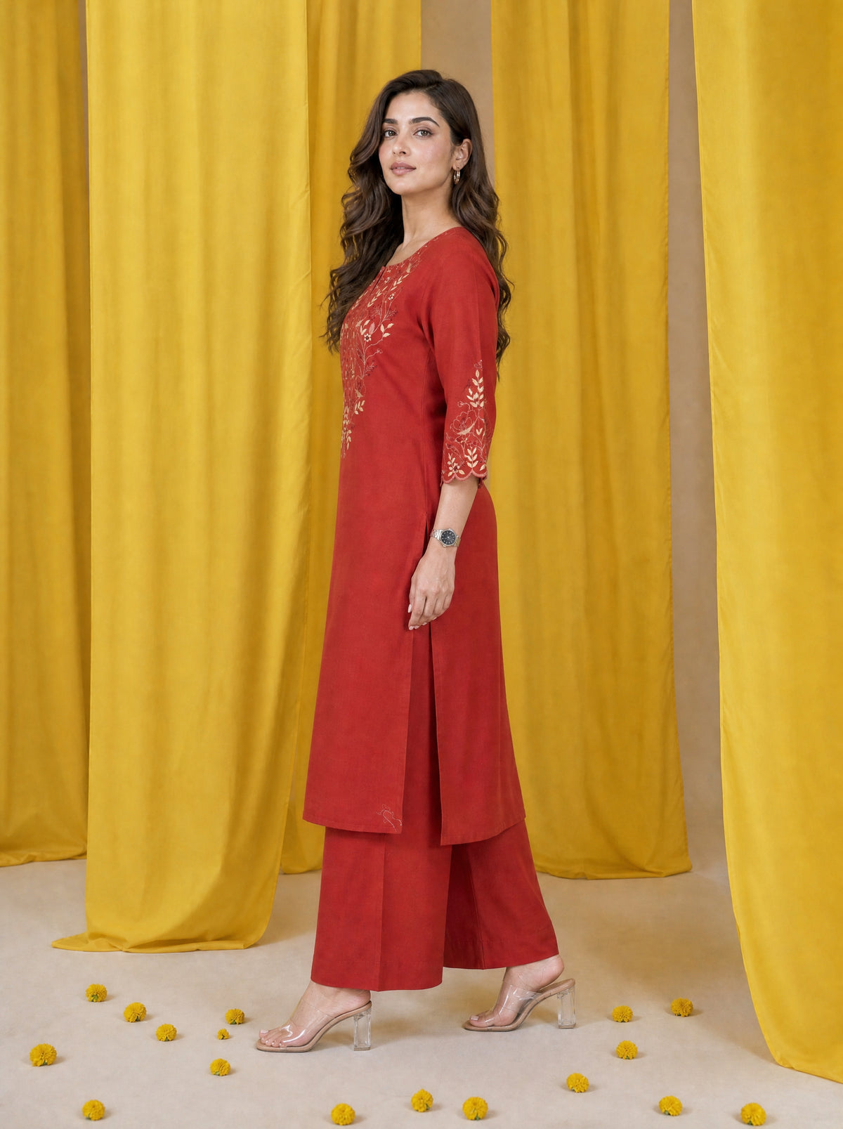 Rust Red Rayon Linen Straight Fit 2 Pcs Kurta Set with Kashmiri-Inspired Embroidery