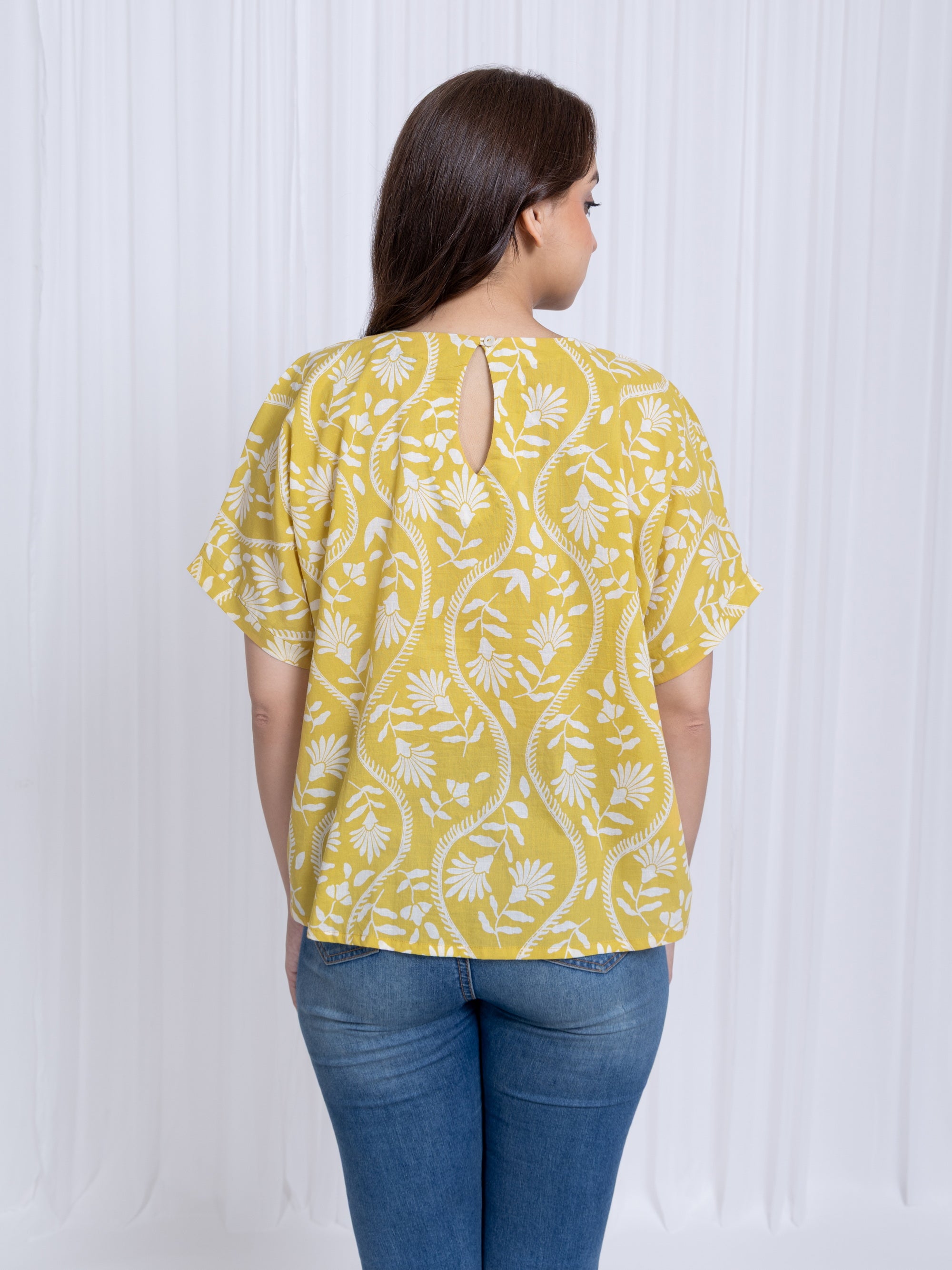 Contemporary Printed Cotton Voile Drop-Shoulder Top