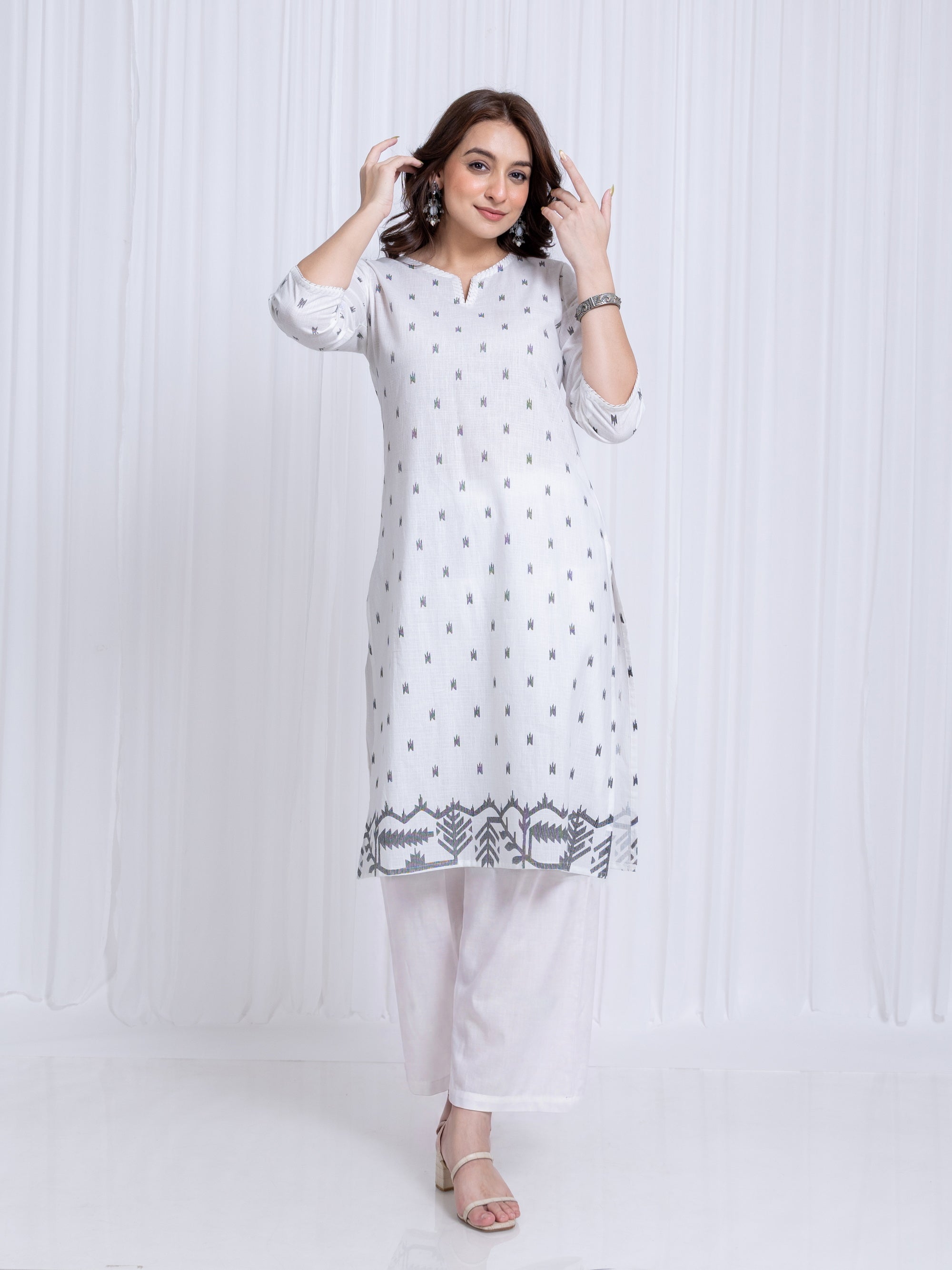 White Gray Kurti in Cotton Slub