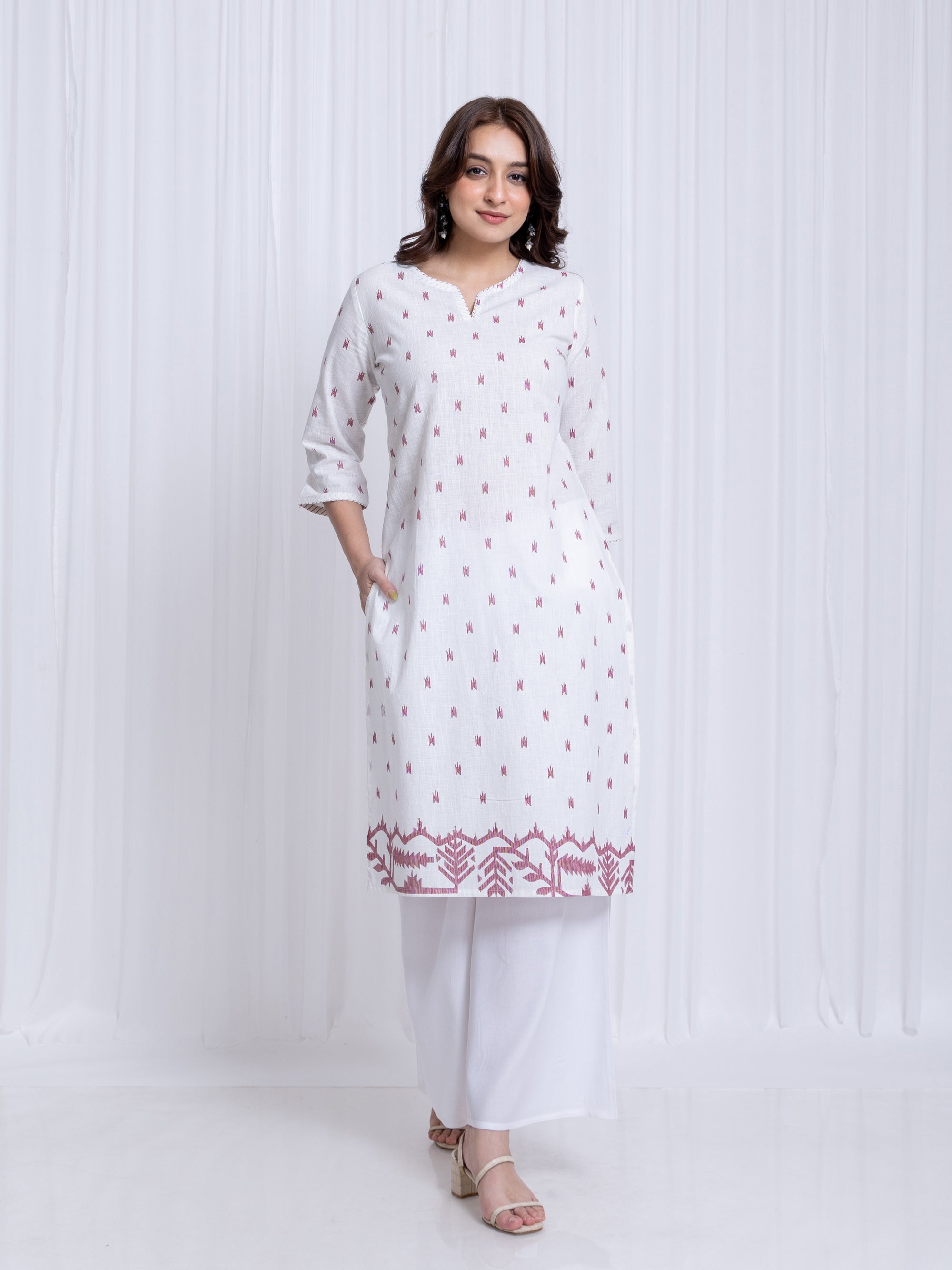 White Maroon Kurti in Cotton Slub