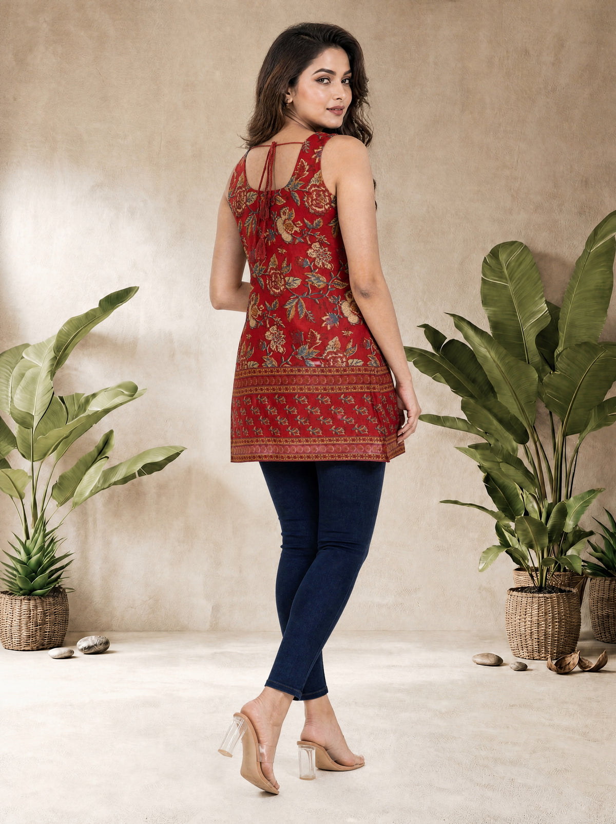 Bagru Red Cotton Cambric Straight Fit Floral Print Sleeveless Short Kurti