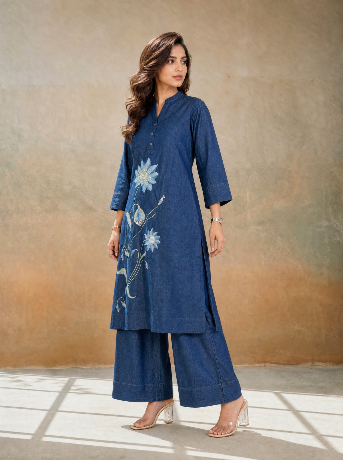 Denim Blue Straight Fit Embroidered 2 Pcs Denim Kurta Set with Mandarin Collar