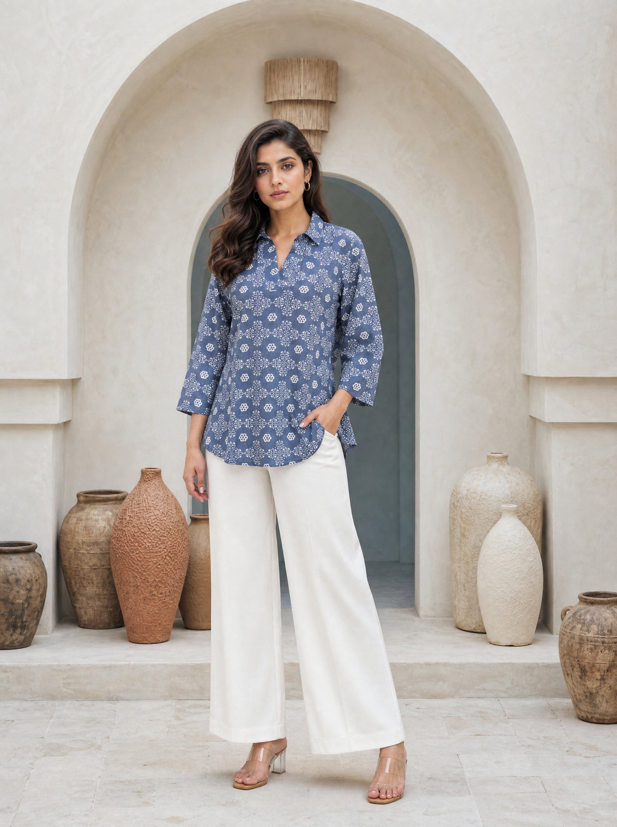 Ensign Blue Rayon Linen Straight Fit Top