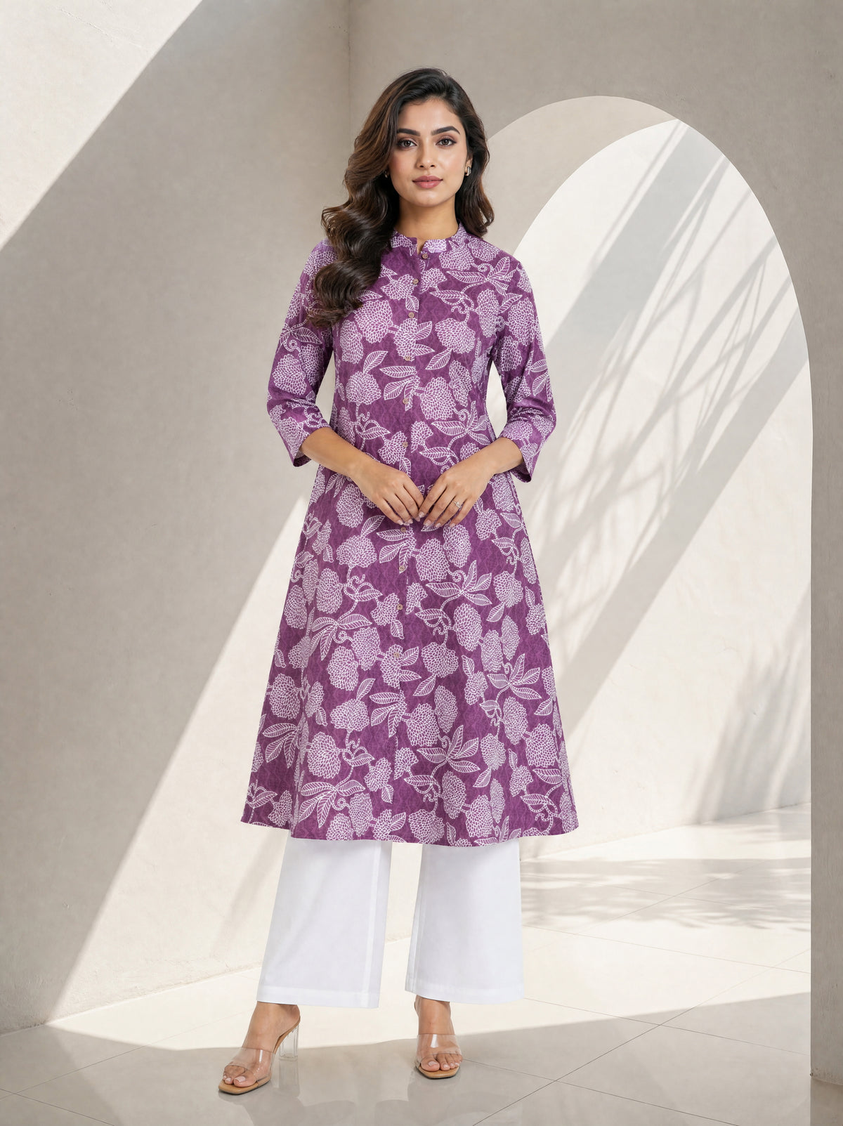 Slate Rose Cotton Cambric A-Line Long Kurti with Mandarin Collar