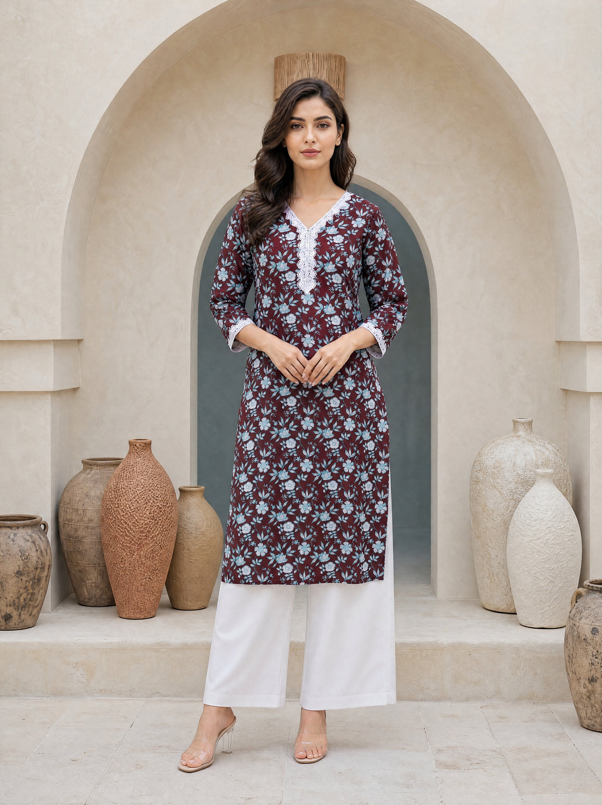 Brown Cotton Cambric Straight Fit Floral Print Long Kurti with Lace