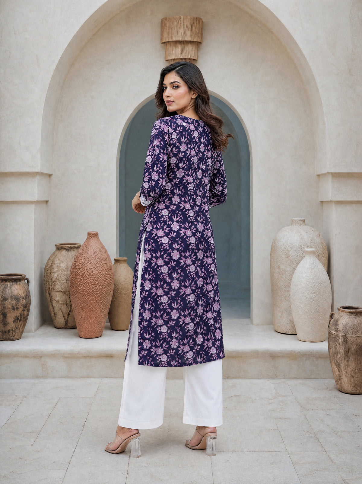 Estate Blue Cotton Cambric Straight Fit Floral Print Long Kurti with Lace