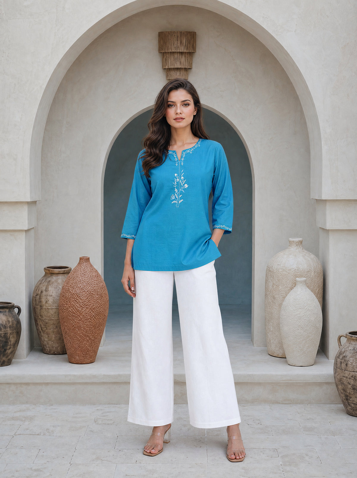 Dream Blue Cotton Cambric Straight Fit Embroidered Short Kurti
