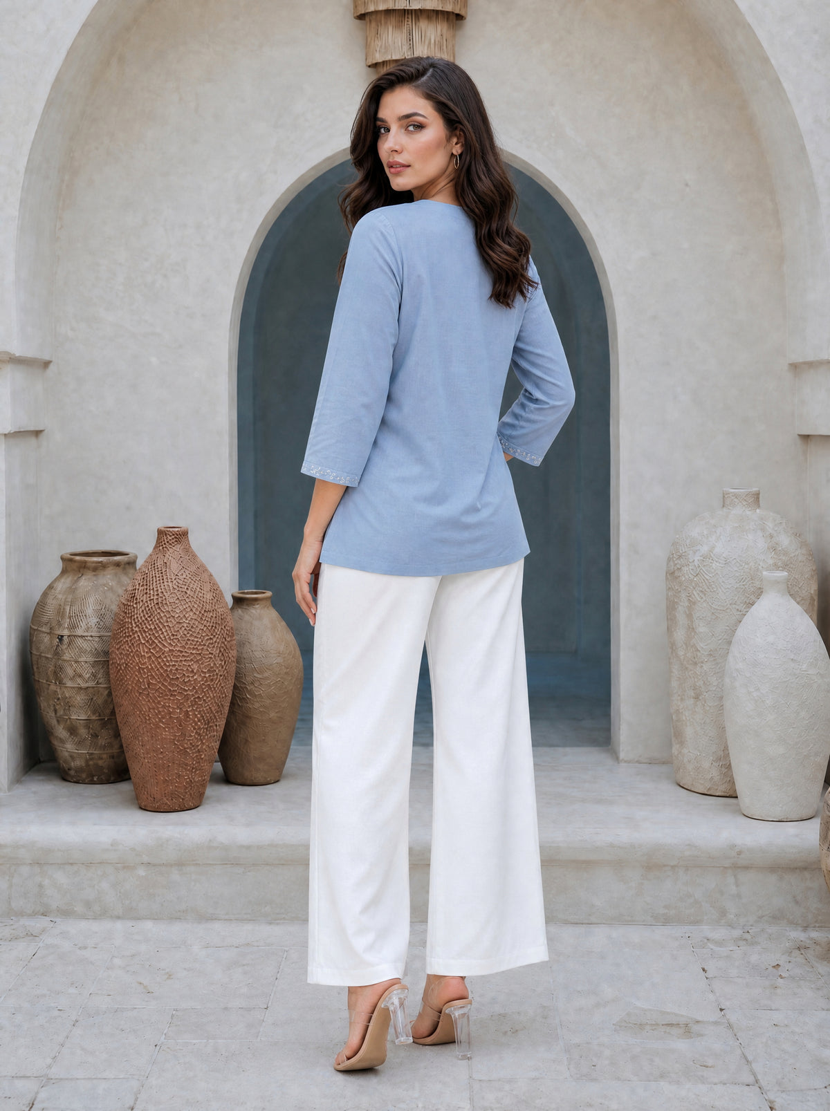 Mosaic Blue Cotton Cambric Straight Fit Embroidered Short Kurti