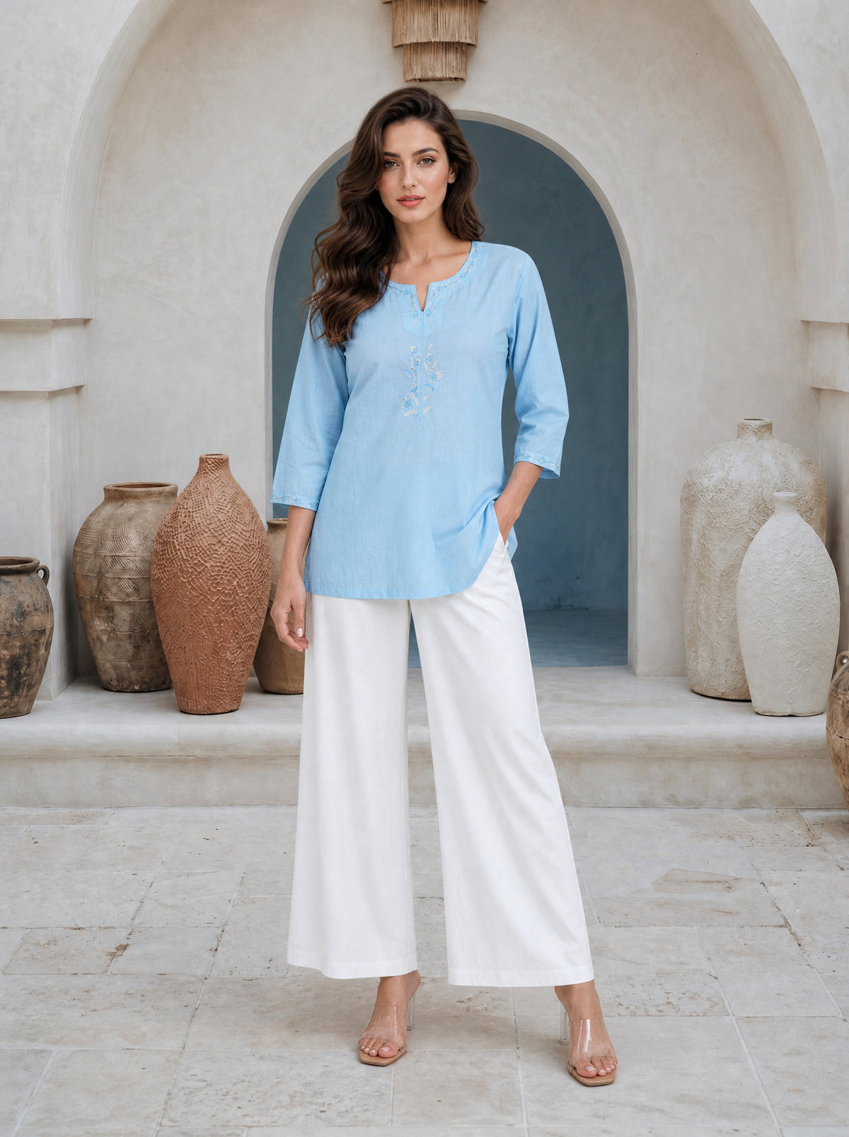 Powder Blue Cotton Cambric Straight Fit Embroidered Short Kurti