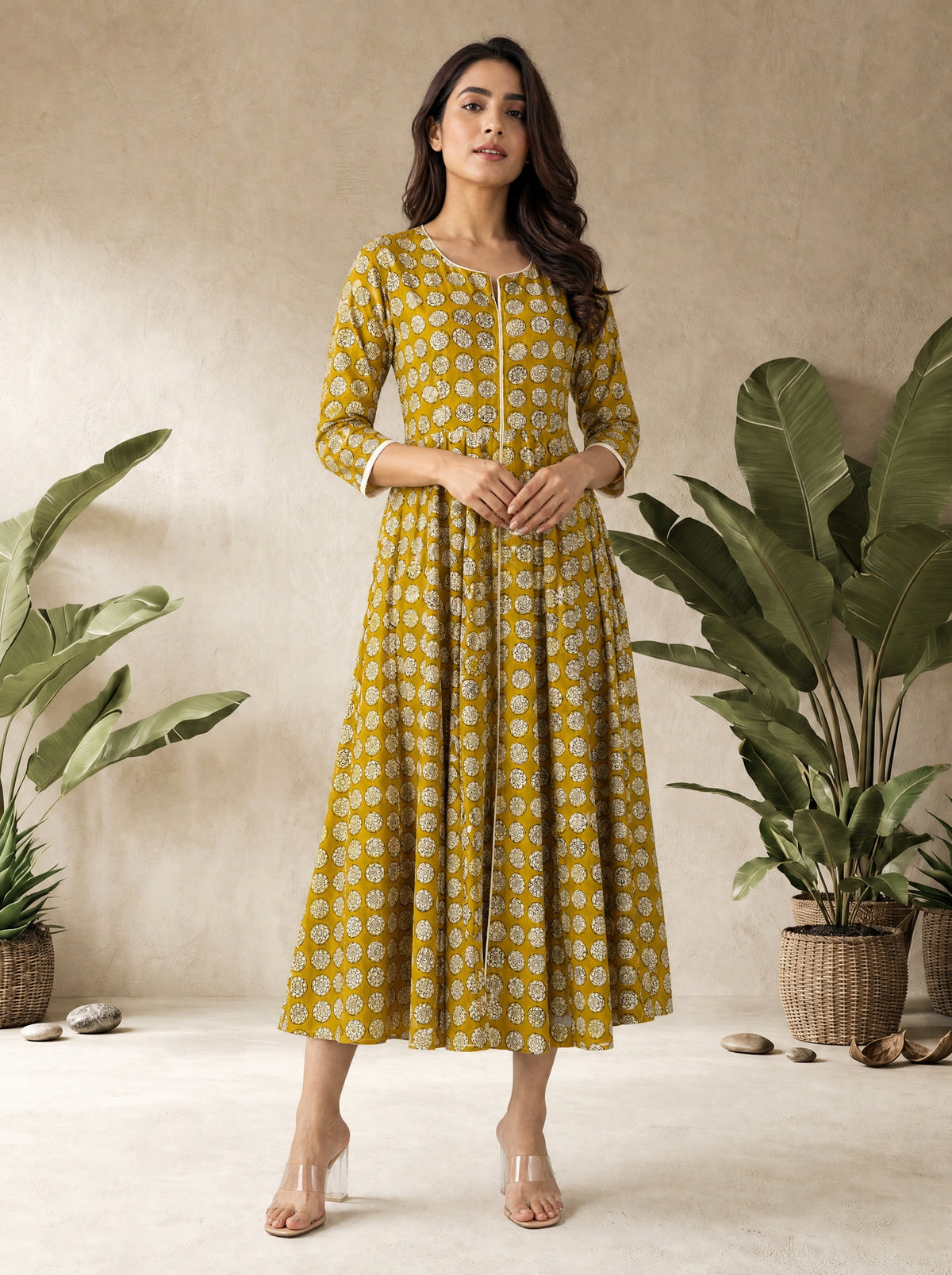 Olive Mustard Cotton Cambric Flared Dabu Print Anarkali Kurti