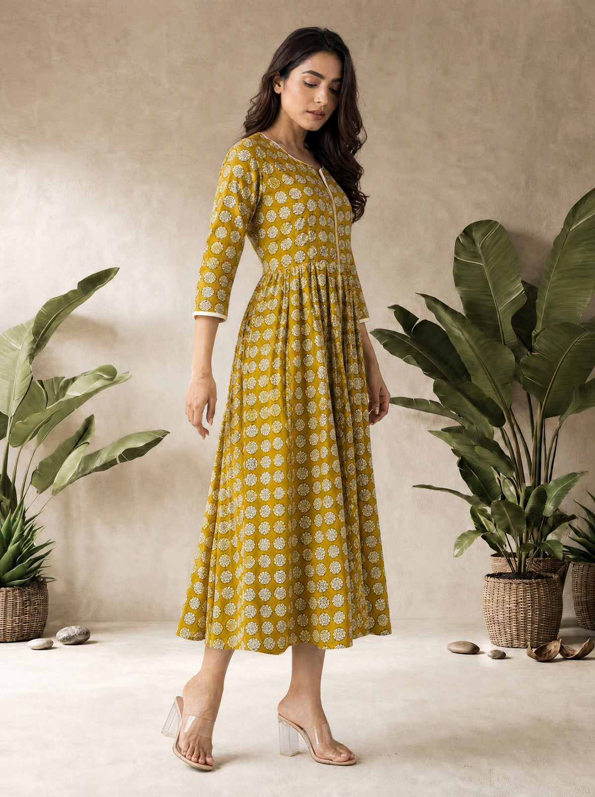 Olive Mustard Cotton Cambric Flared Dabu Print Anarkali Kurti