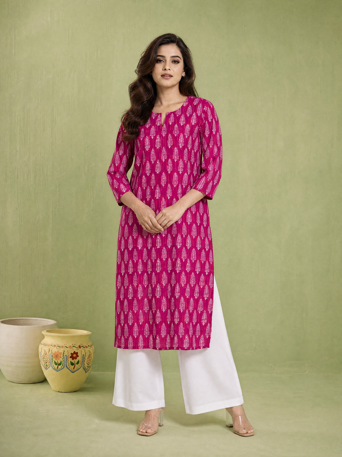 Maroon Red Cotton Straight Fit Long Kurti with Leaf Print