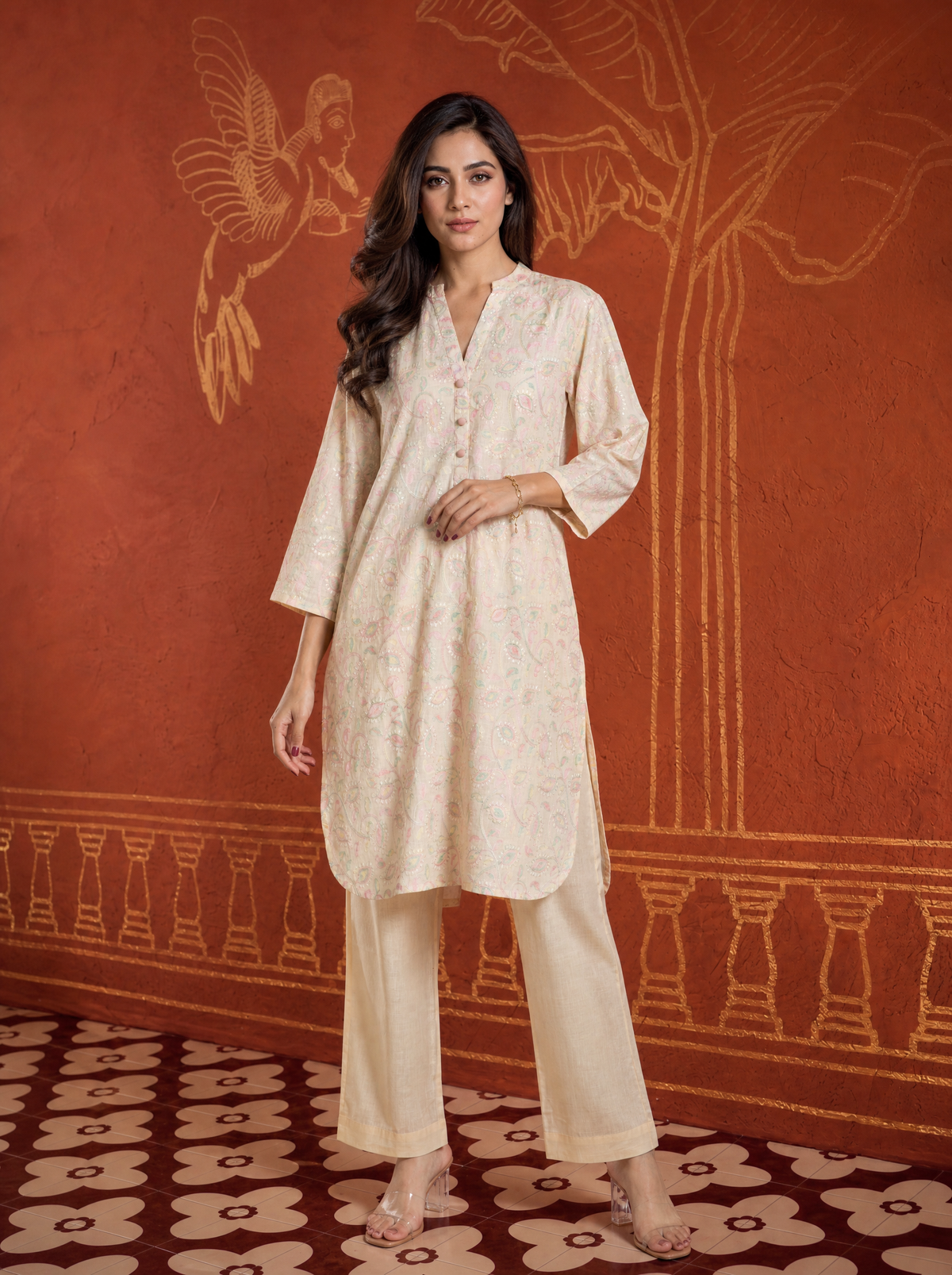 Almond Oil Cotton Slub Straight Fit Embroidered 2 Pcs Short Kurta Set