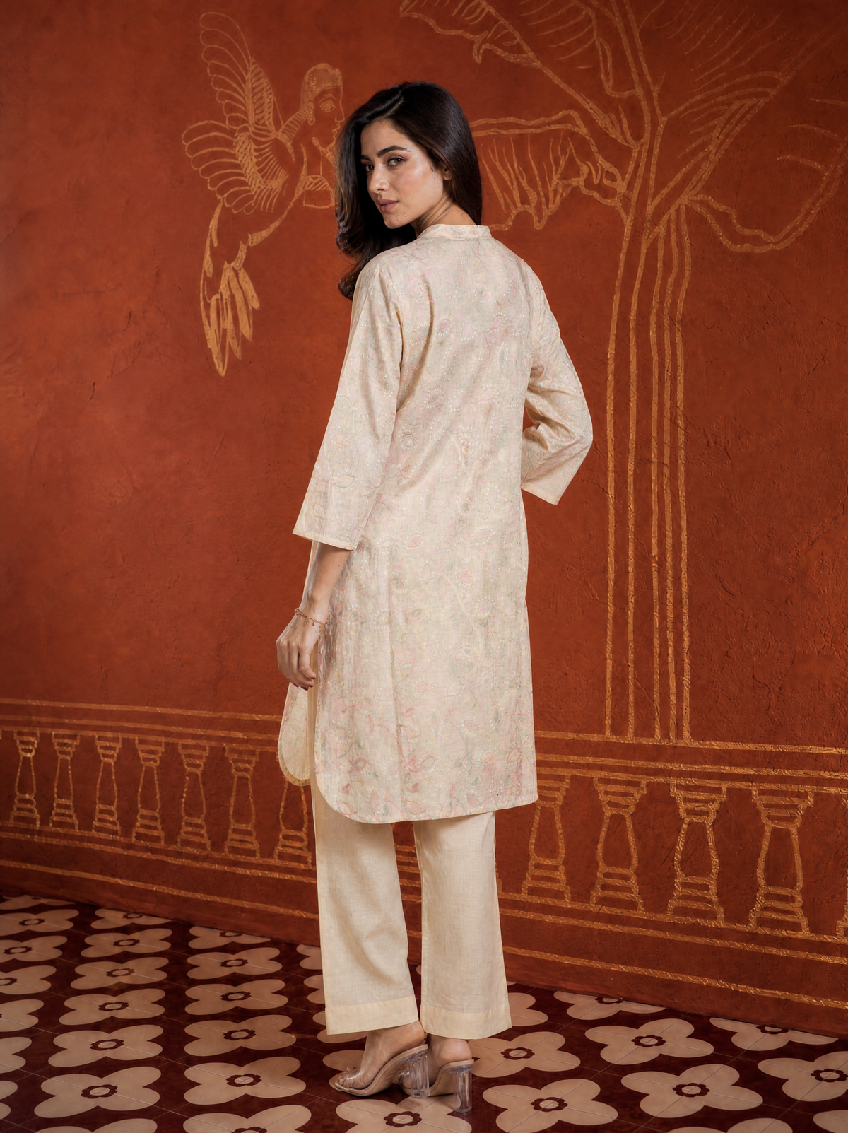 Almond Oil Cotton Slub Straight Fit Embroidered 2 Pcs Short Kurta Set