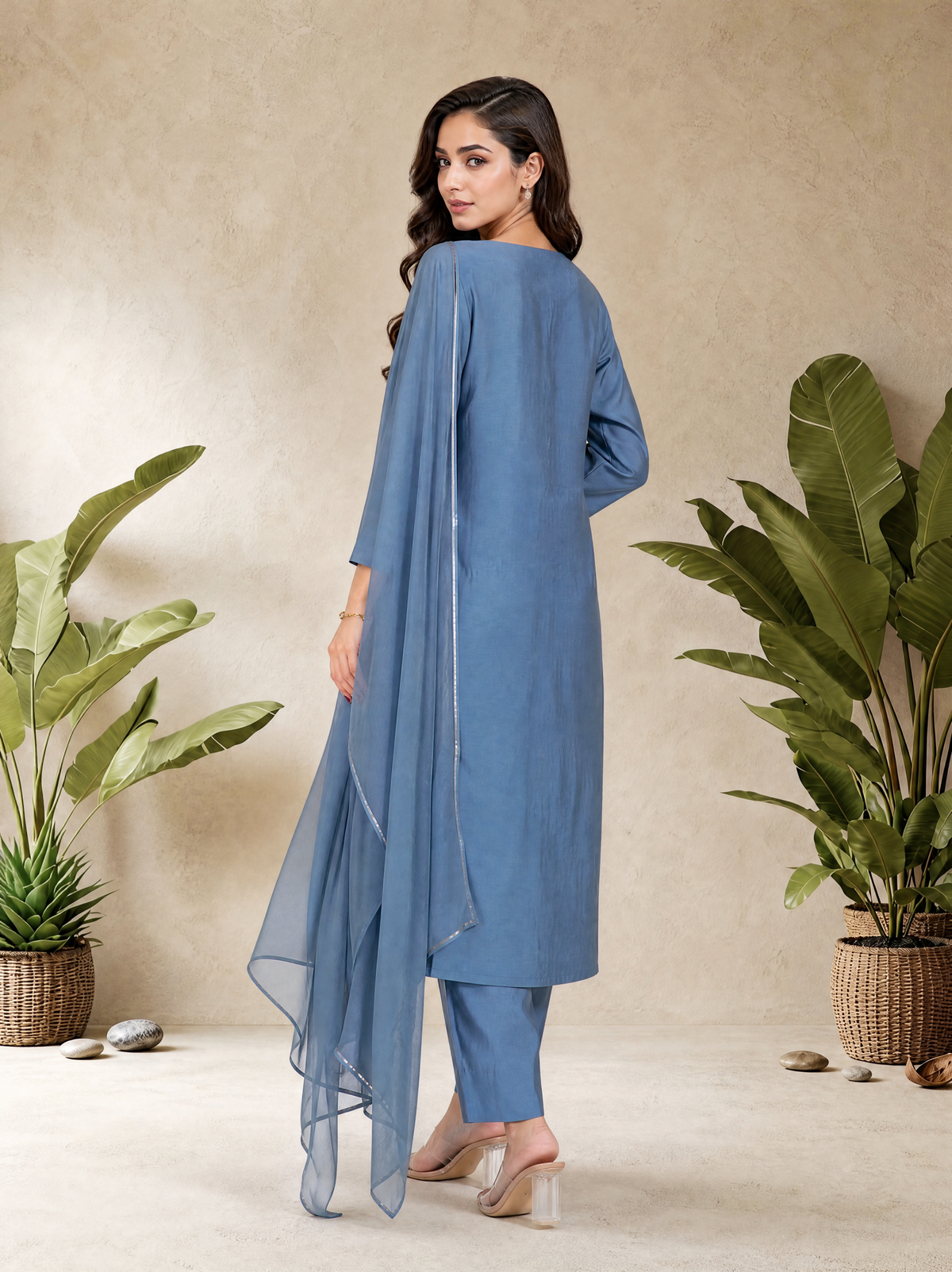 Blue Stone Straight Fit Embroidered 3 Pcs Kurta Set