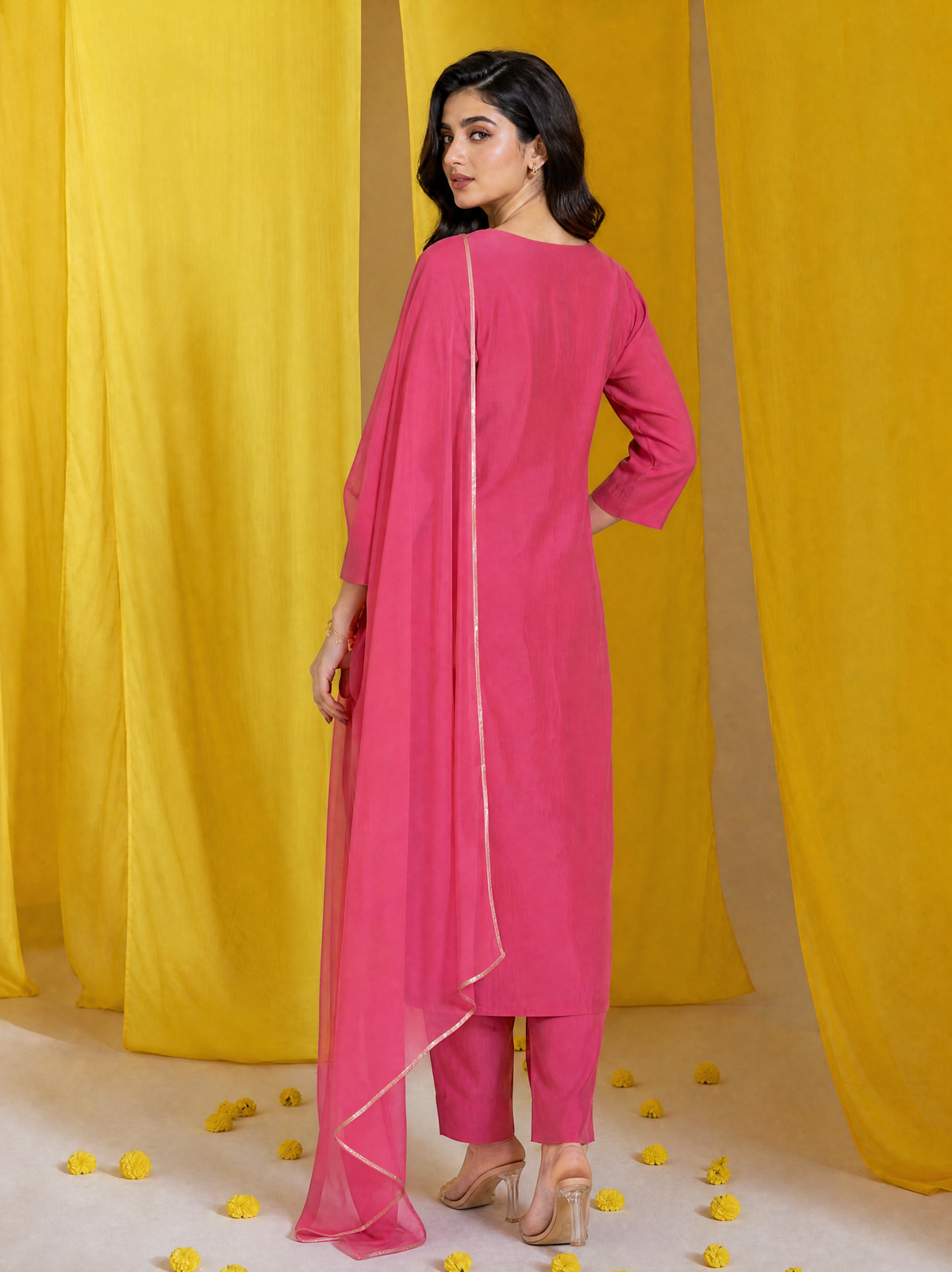 Raspberry Wine Straight Fit Embroidered 3 Pcs Kurta Set
