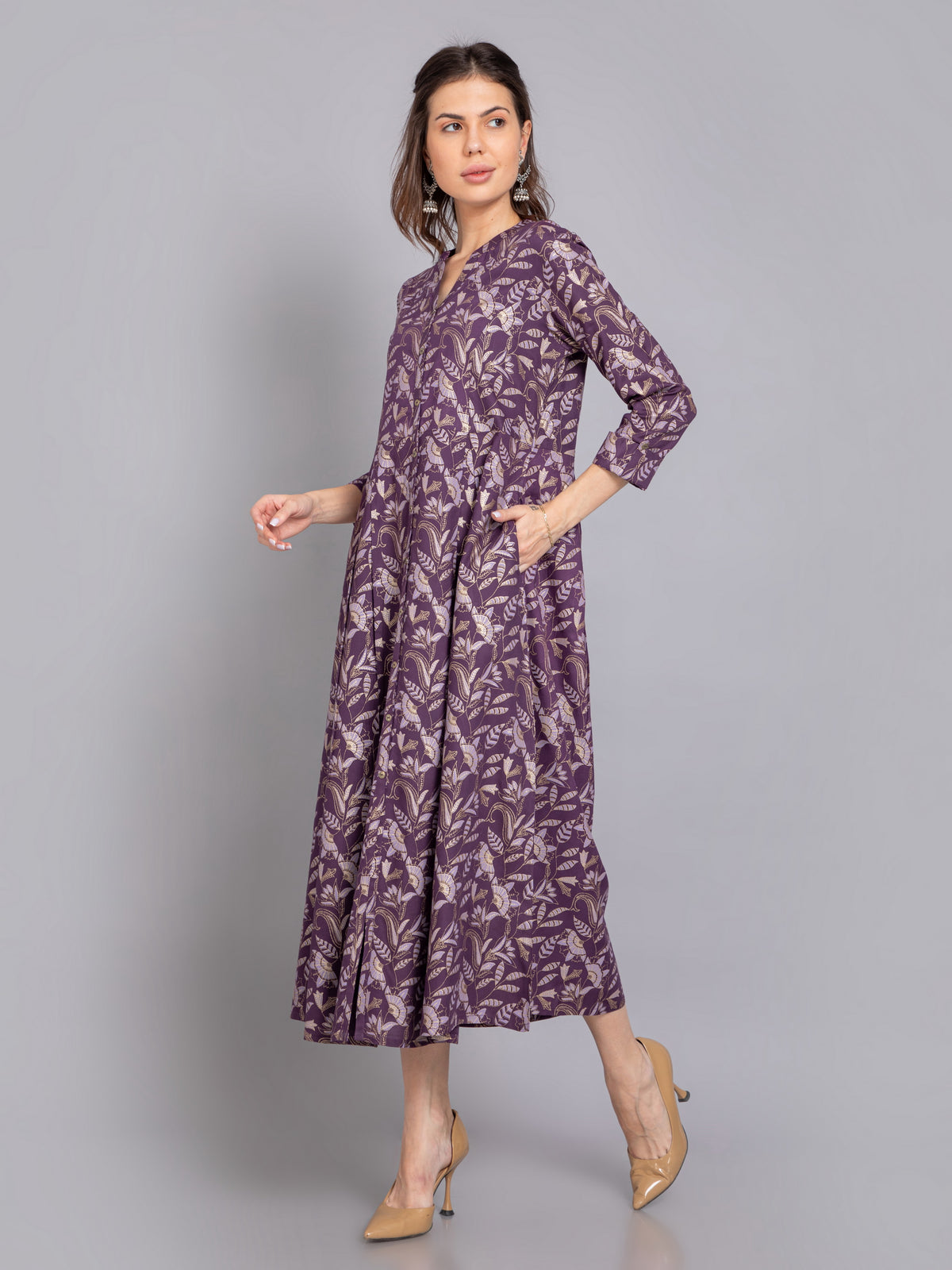 Gold Printed Flared Long Dress