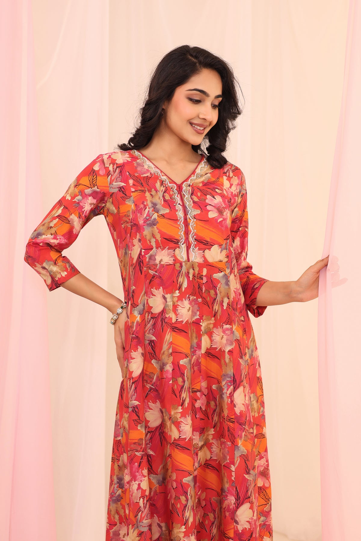 DIGITAL PRINTED KALIDAR DRESS EMBELLISHED WITH ADDA WORK DETAIL
